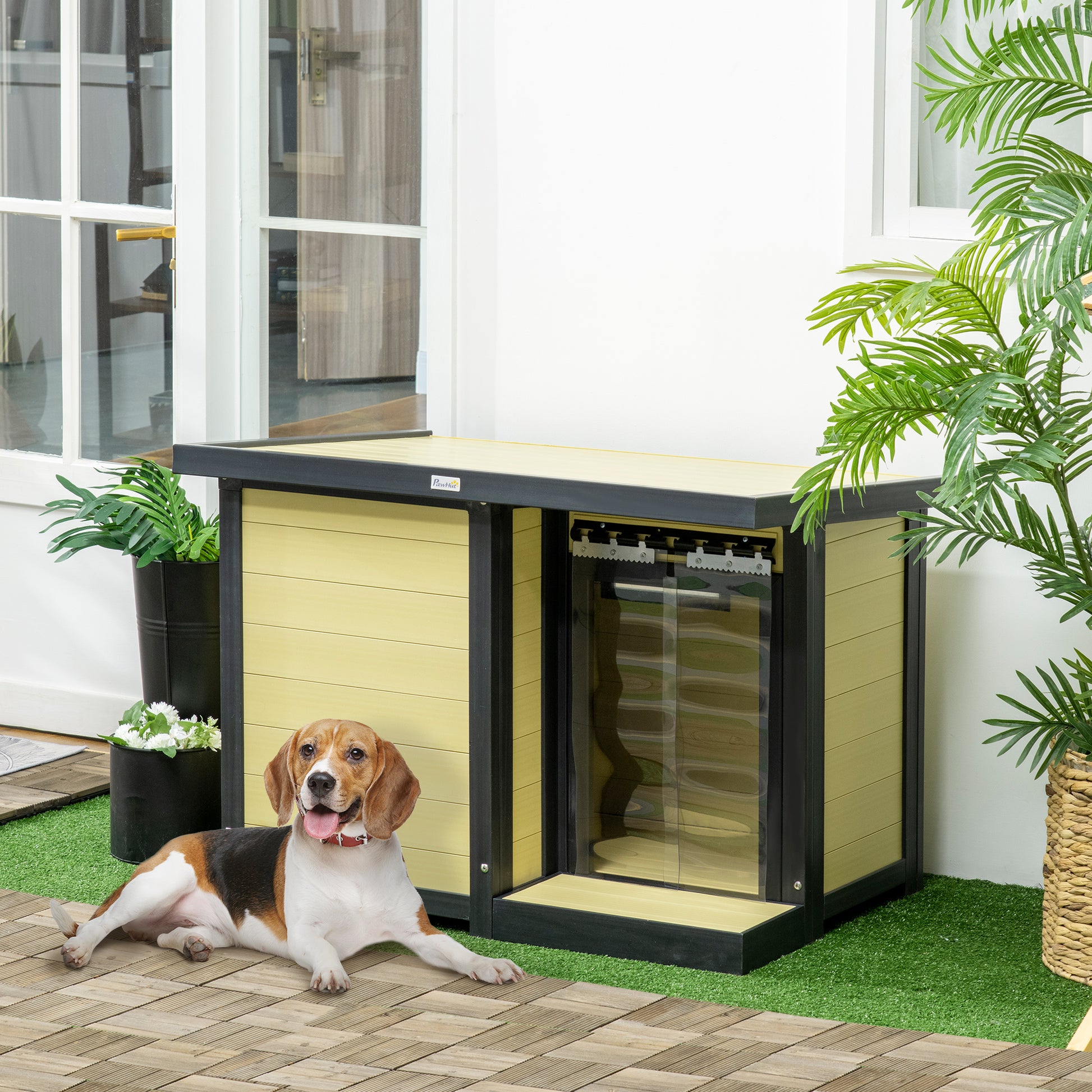 Pawhut Outdoor Indoor Dog House With Openable Top, Weather Resistant Dog Kennel With Porch, Pet Furniture For Small And Medium Sized Dogs, Natural Wood Natural Wood Pvc