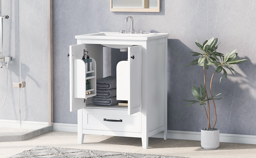 24" Bathroom Vanity With Sink, Bathroom Vanity Cabinet With One Drawer And Doors, Solid Wood And Mdf, White White Solid Wood Mdf