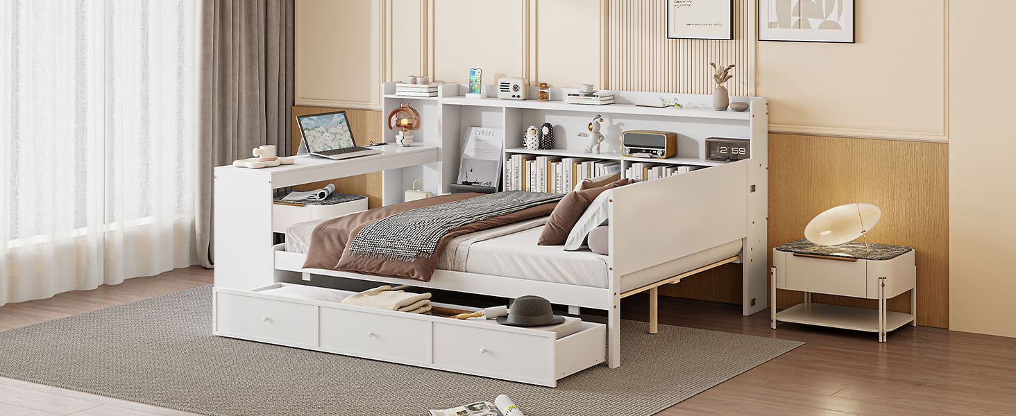 Full Size Wooden Daybed With 3 Drawers, Usb Ports And Desk ,White Full White Wood