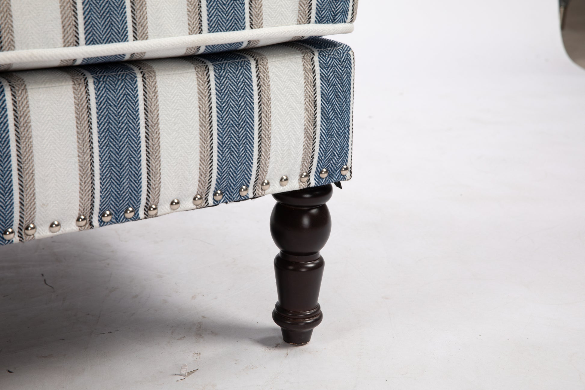 Upholstered Accent Chair, Vintage Armchair With Blue And White Striped Linen Fabric And Trim For Living Room Blue Cotton