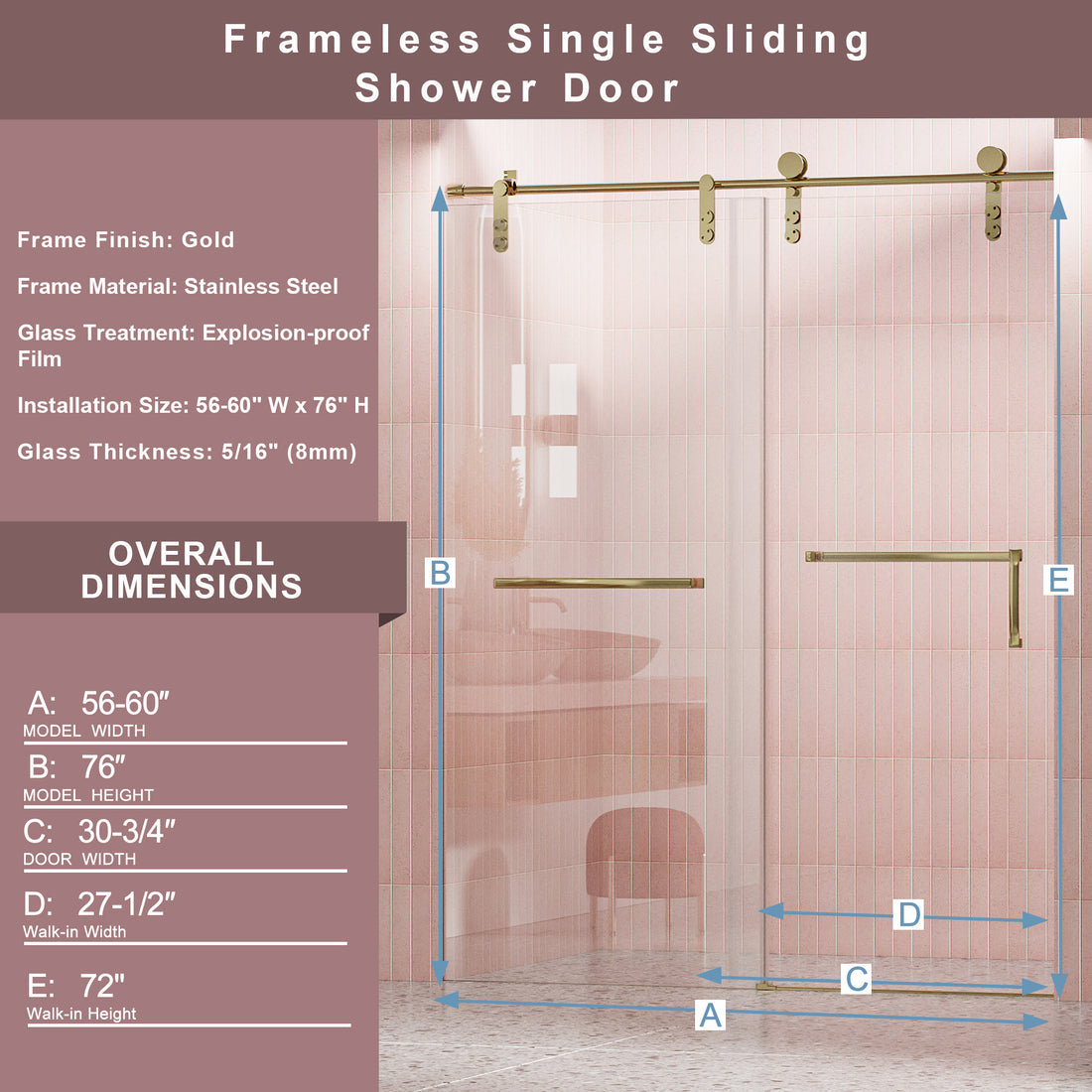 56" 60" W X 76" H Frameless Shower Door, Single Sliding Shower Door, 5 16" 8Mm Clear Tempered Glass Shower Door With Explosion Proof Film, Stainless Steel Hardware, Gold 24D210 60G Combo 1 Gold Tempered Glass