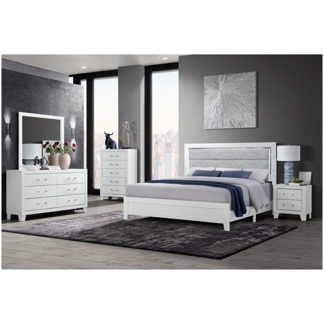 Omoda White Queen Bed With Led White Rubber Wood