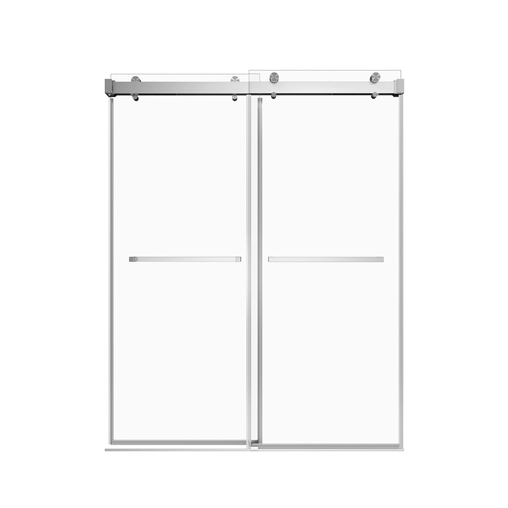 56'' 60'' W X 76'' H Single Sliding Frameless Shower Door With 3 8 Inch 10Mm Clear Glass In Brushed Nickel Brushed Nickel Stainless Steel