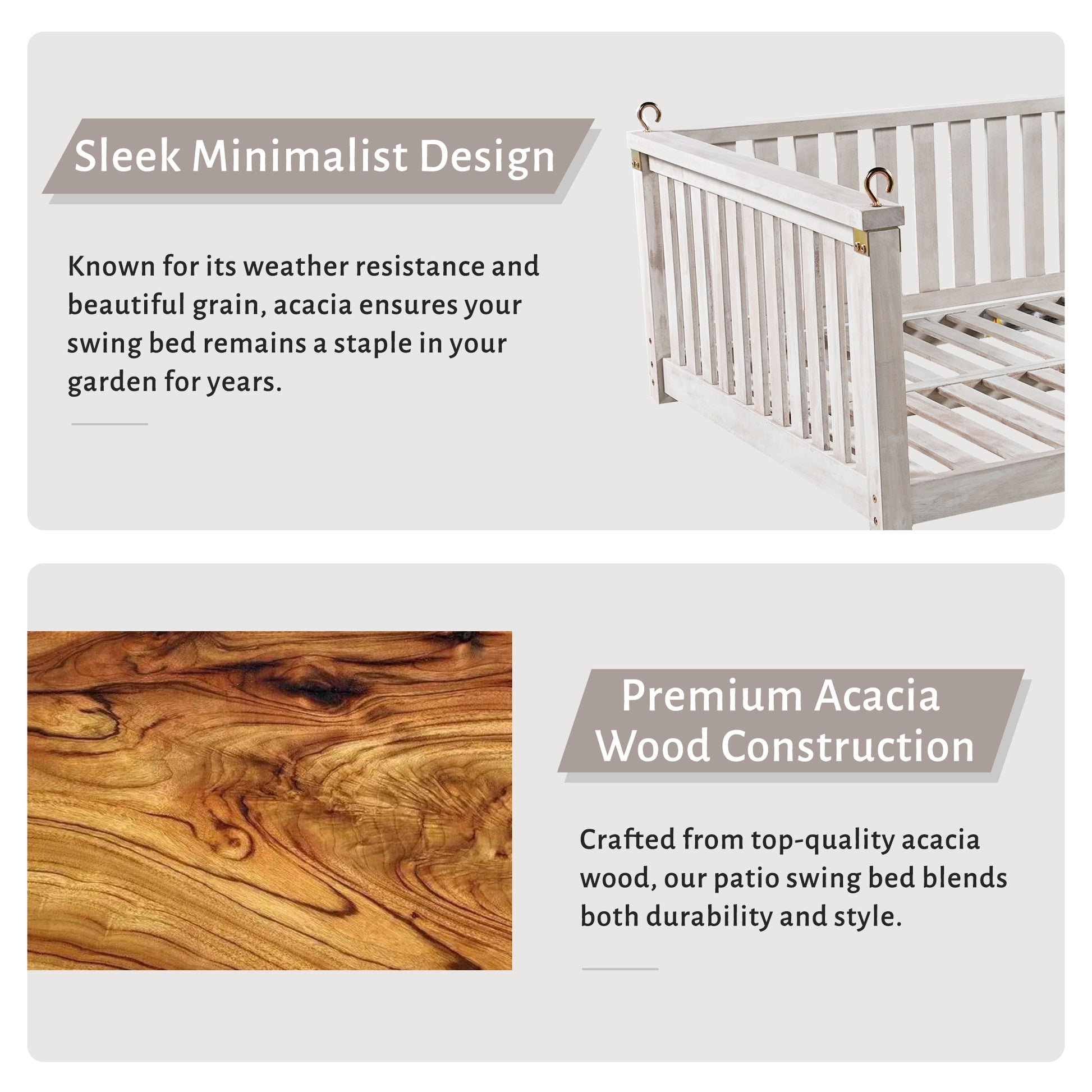 Patio Minimalist Twin Size Garden Swing Bed Wood Porch Swing With Ropes For Backyard, Safe Sloped Design, White White Weather Resistant Frame Garden & Outdoor Minimalist 2 Person Seating Group