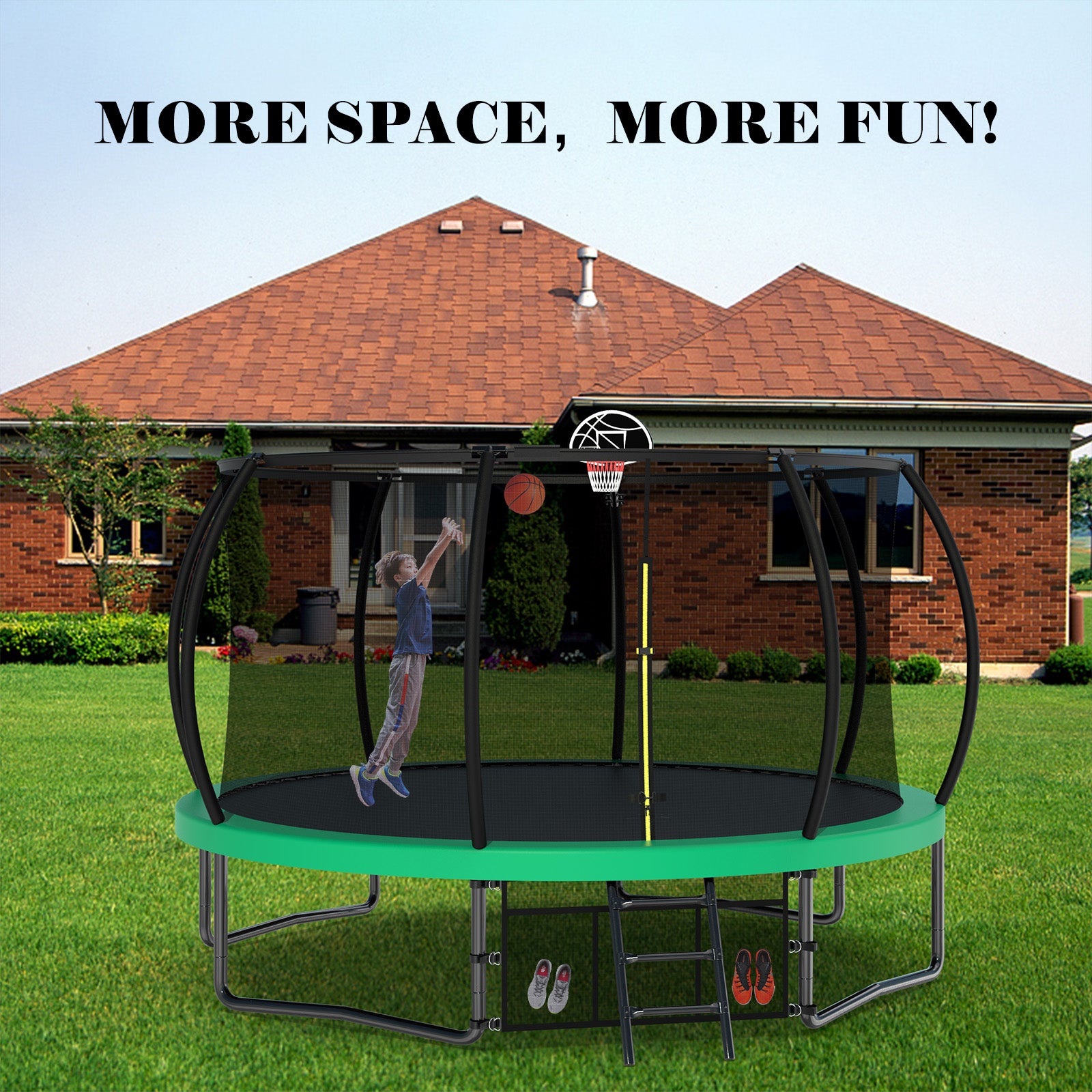 12Ft Recreational Kids Trampoline With Safety Enclosure Net & Ladder, Outdoor Recreational Trampolines Green Metal