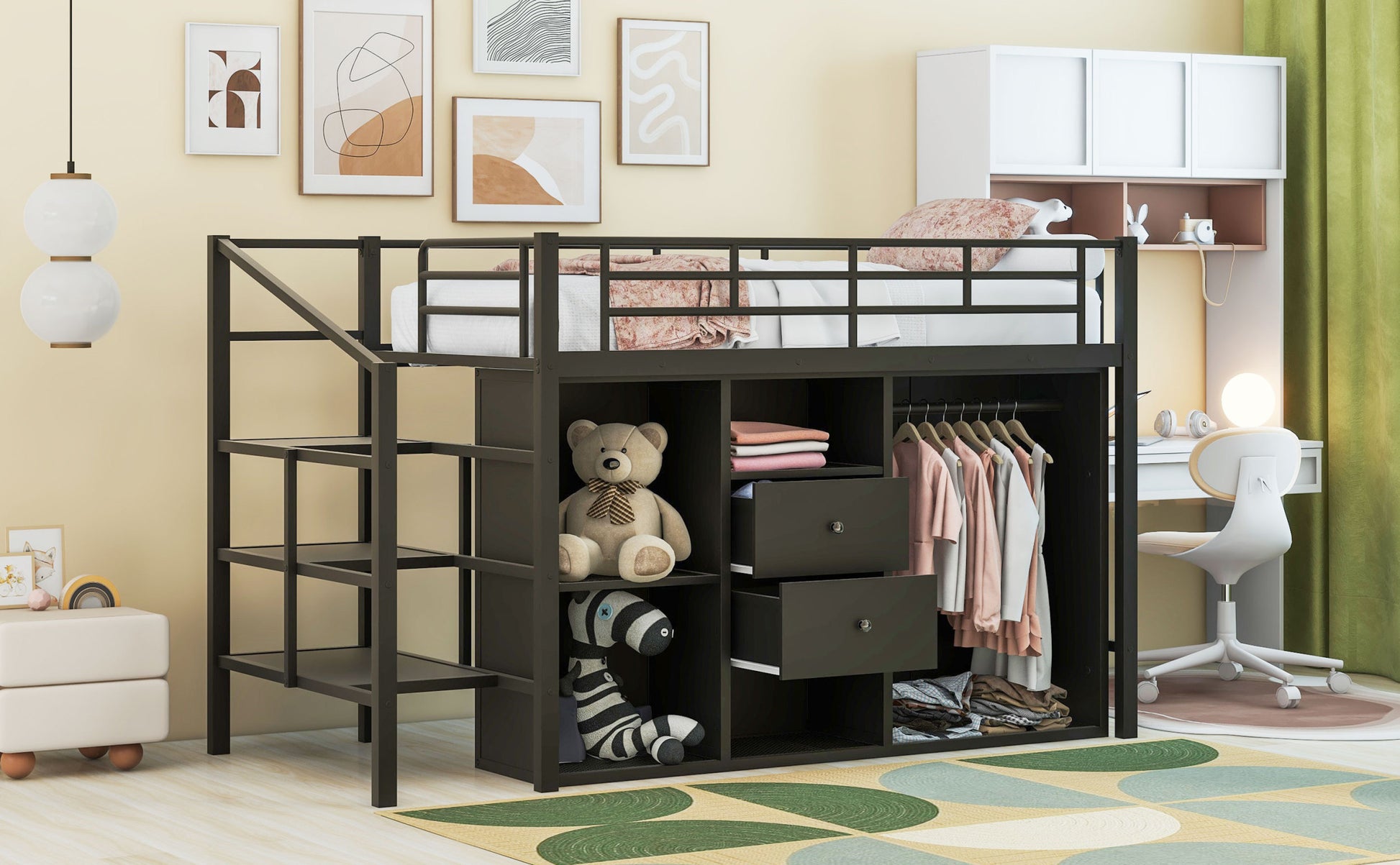 Twin Size Metal Loft Bed With Drawers, Storage Staircase And Small Wardrobe Twin Black Mdf Metal