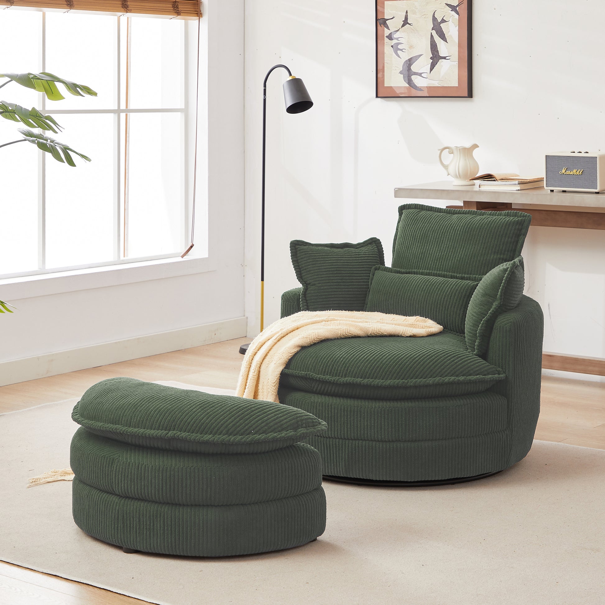 38"W Oversized Swivel Chair With Moon Storage Ottoman For Living Room, Modern Accent Round Loveseat Circle Swivel Barrel Chairs For Bedroom Cuddle Sofa Chair Lounger Armchair, 4 Pillows,Corduroy Green Foam Corduroy 1 Seat