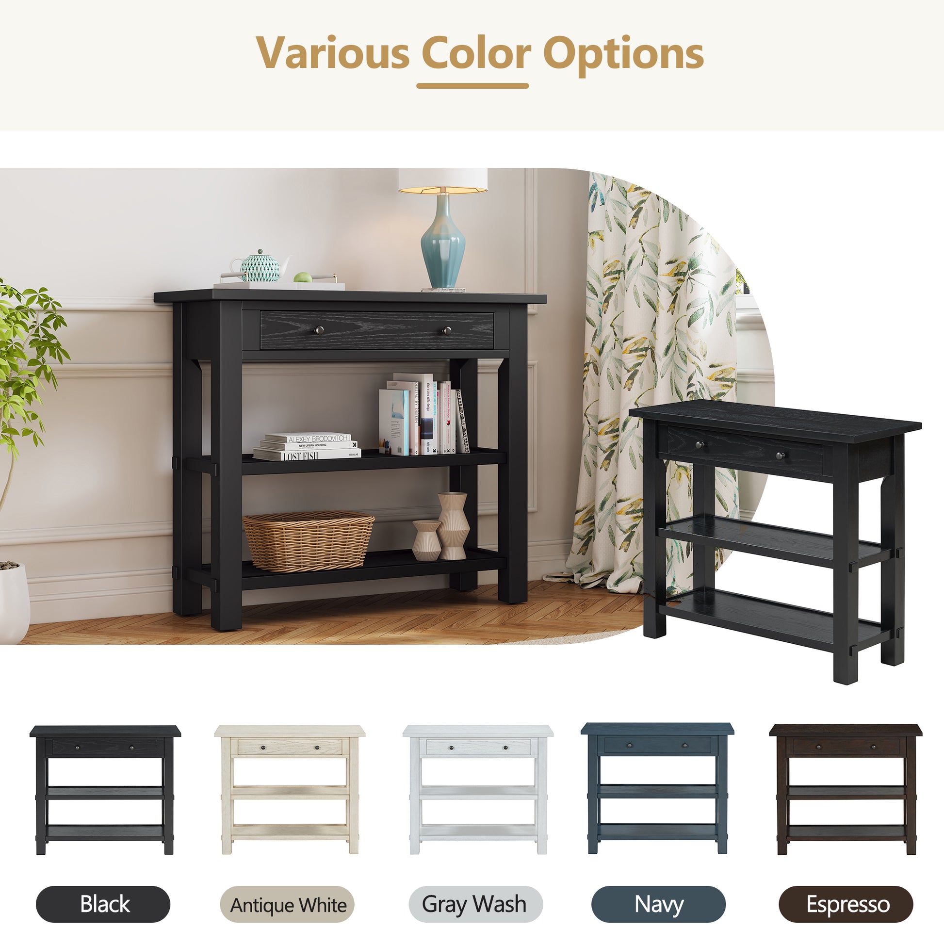 Retro Console Table With Drawer And Two Sturdy Shelves For Entryway, Living Room Black Black Mdf,Rubber Wood