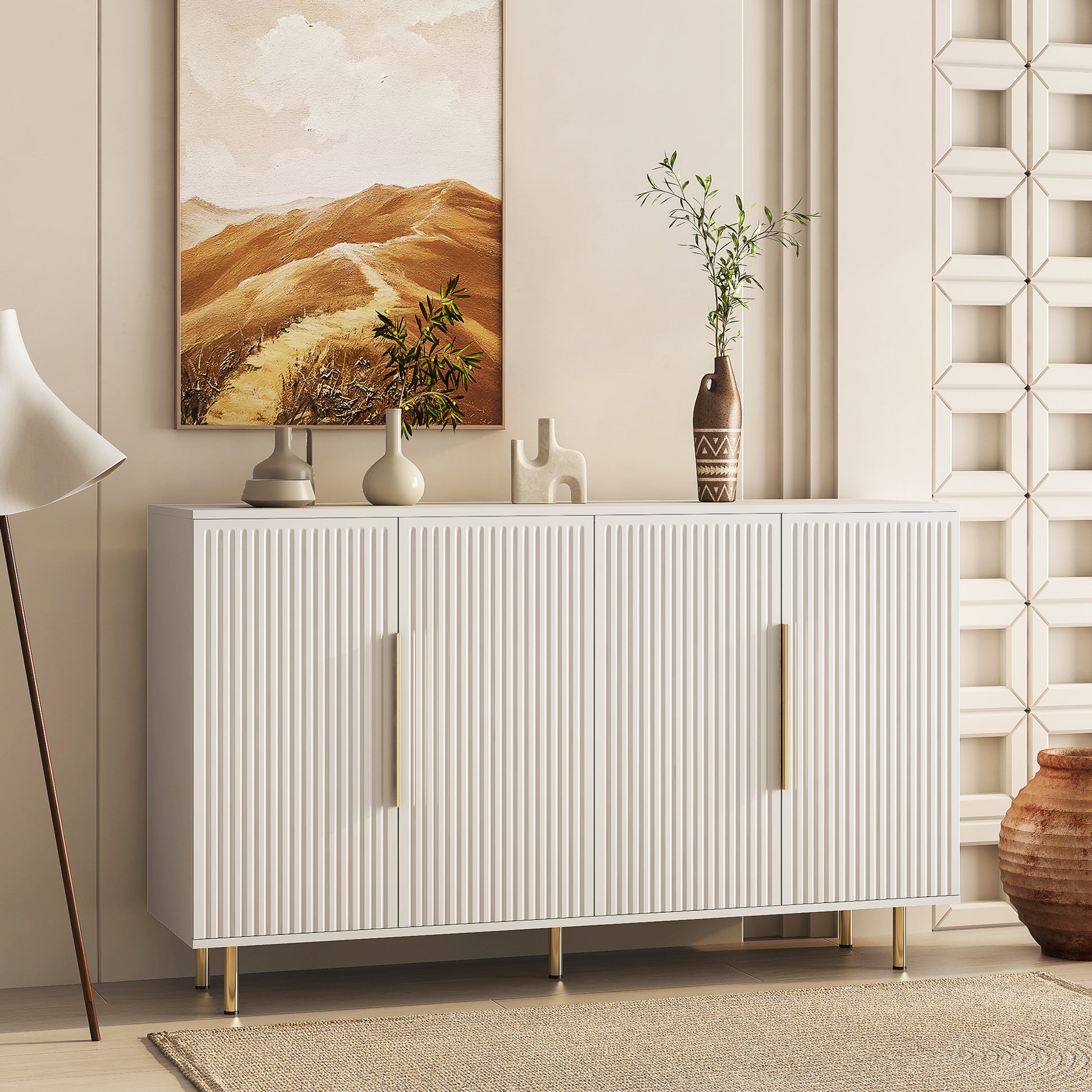 White Modern Buffet Cabinet With Storage, Fluted Sideboard Large Buffet With Adjustable Shelves, Credenza, Accent Cabinet Console Table White Mdf