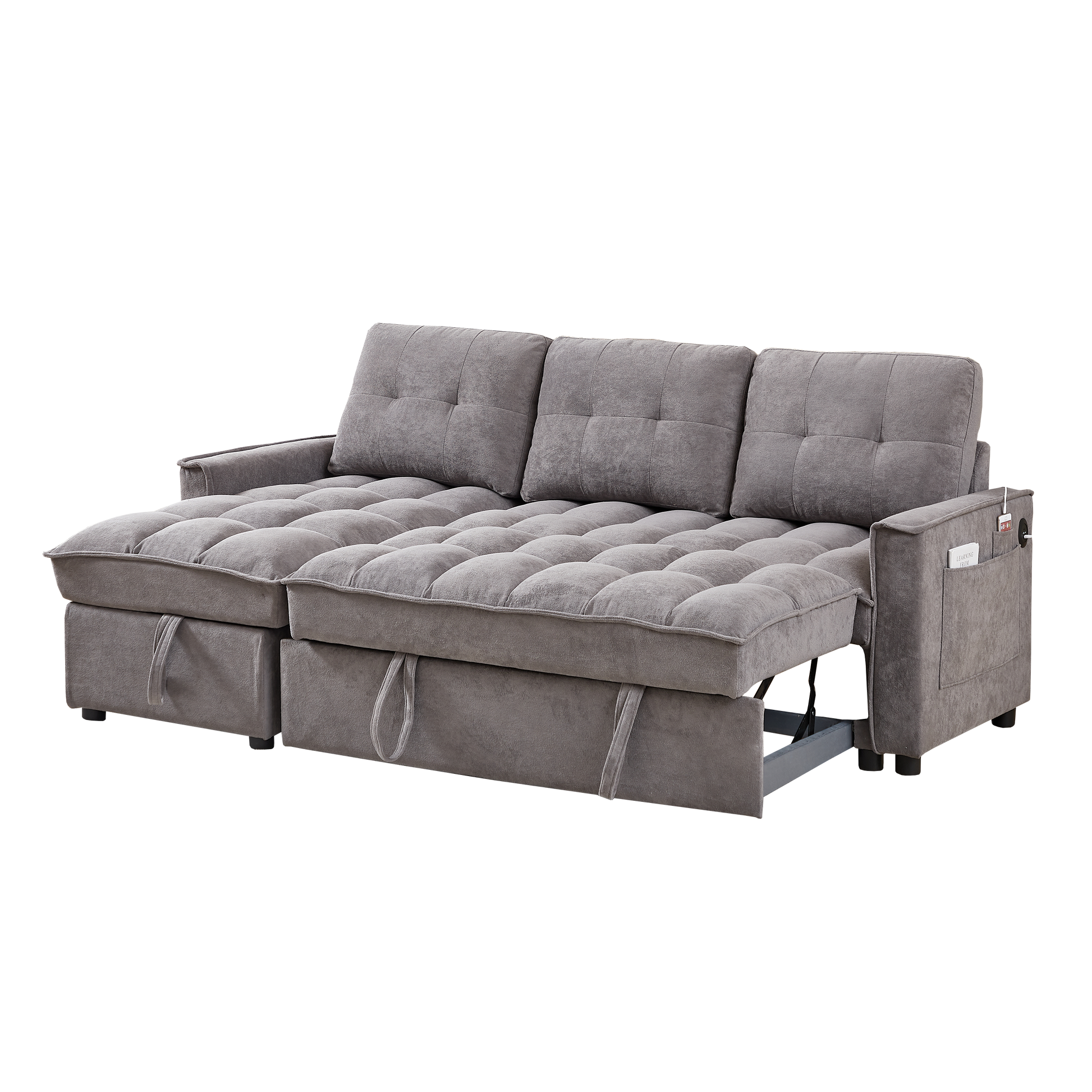 Mh 78.75" Reclining Sofa, Pull Out Sofa Bed With Usb And Tape C Charging Ports, L Shaped Sectional Sofa With Reclining Storage And Arm Side Organizer Pocket Features, Living Room Comfort Sofa Dark Grey Chenille Wood Primary Living Space Eucalyptus Foam