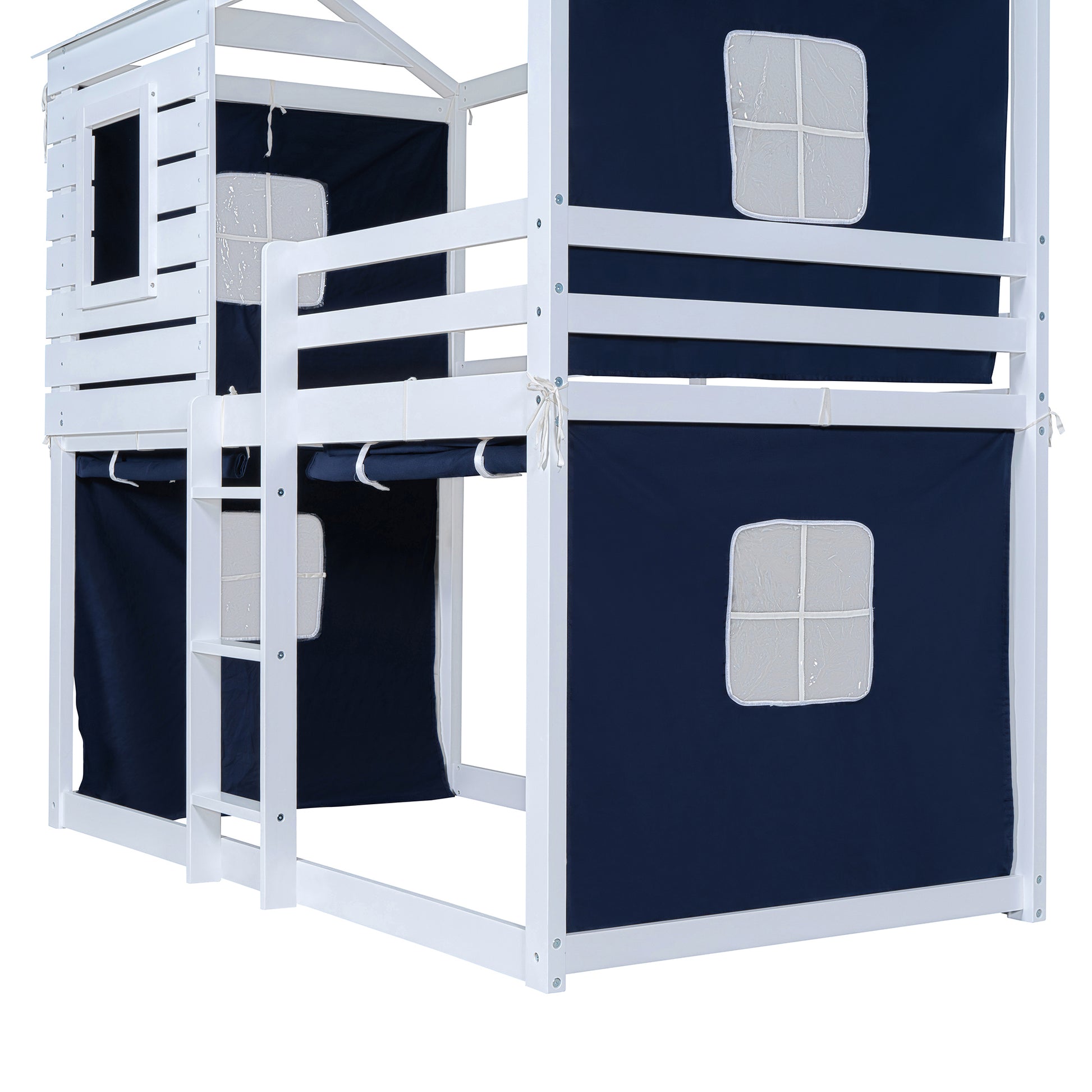 Twin Size Bunk Wood House Bed With Tent, Blue White Twin Blue Solid Wood Mdf