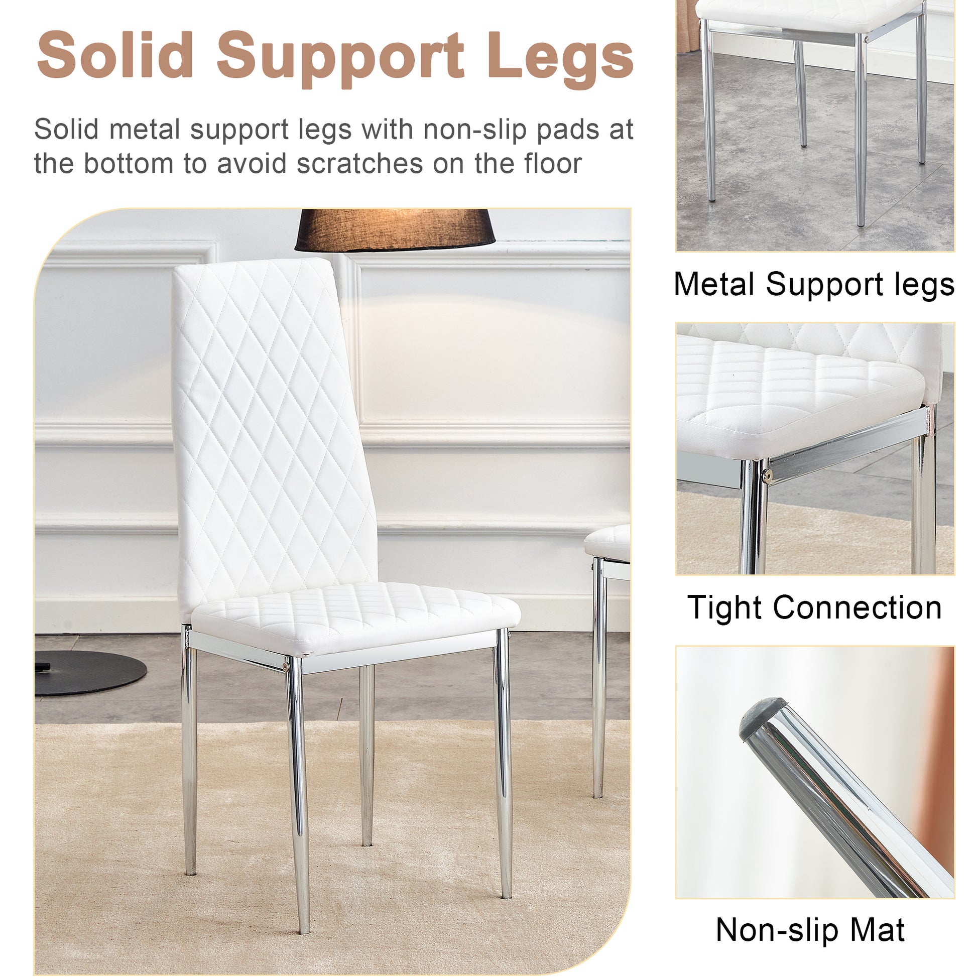 Table And Chair Set.Large Modern Rectangular Table With Brown Glass Top And Silver Metal Legs. Paired With 6 White Chairs With Checkered Armless High Back Pu Cushion And Silver Metal Legs. Silver,White Seats 6 Glass Metal