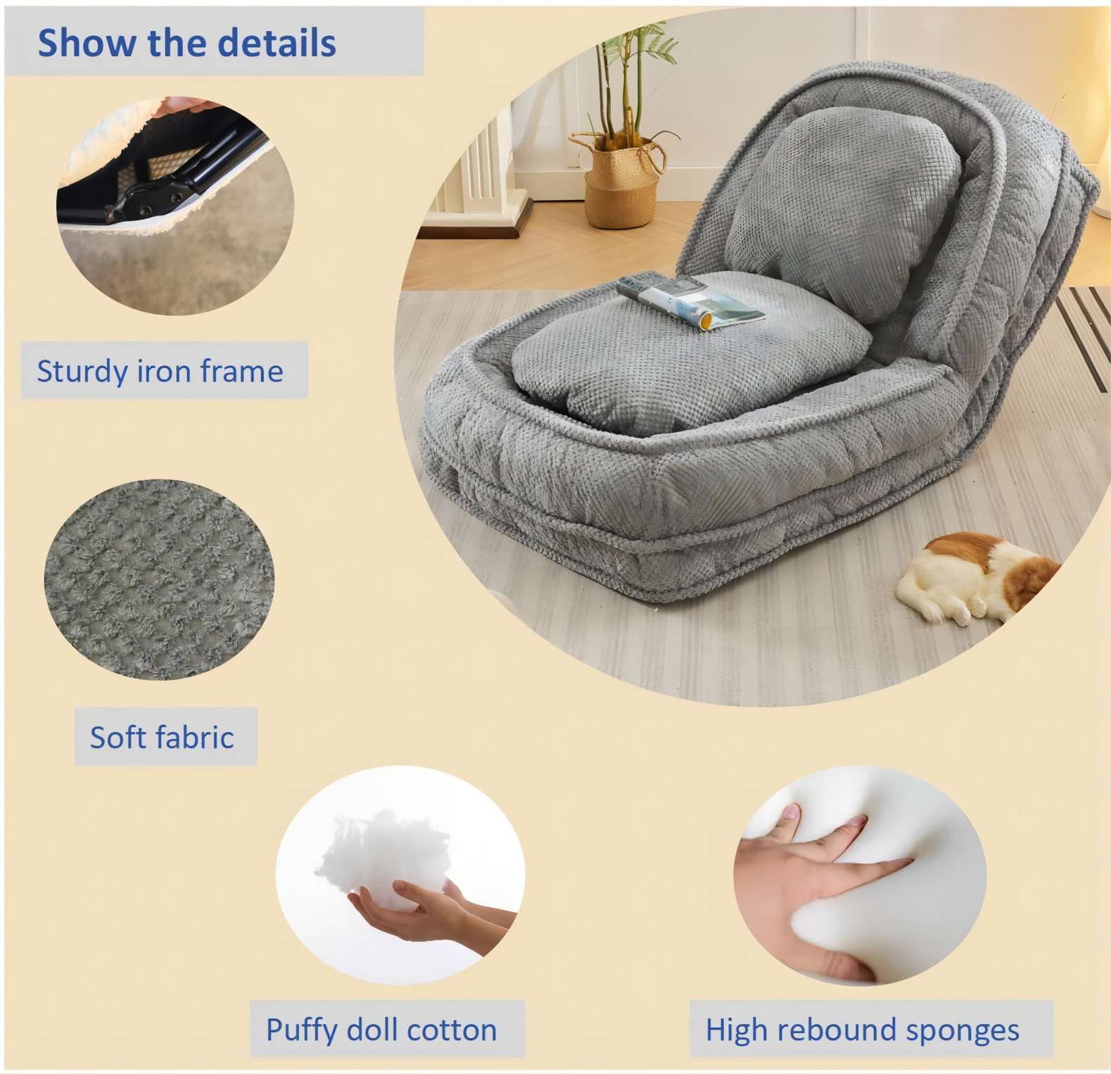 Human Dog Bed ,Lazy Sofa Couch ,5 Adjustable Position,Sit,Sleep,Fold,Suit To Put In Bedroom, Living Room ,Space Saving Design,Gray Gray Polyester Metal Primary Living Space Medium Soft Cushion Back