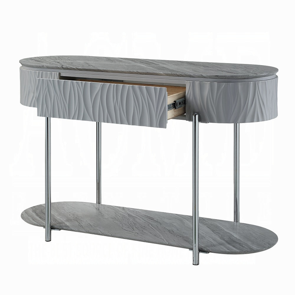 Grey High Gloss And Chrome Sofa Table With Bottom Shelf Grey Silver Primary Living Space Shelves Oval Wood Metal