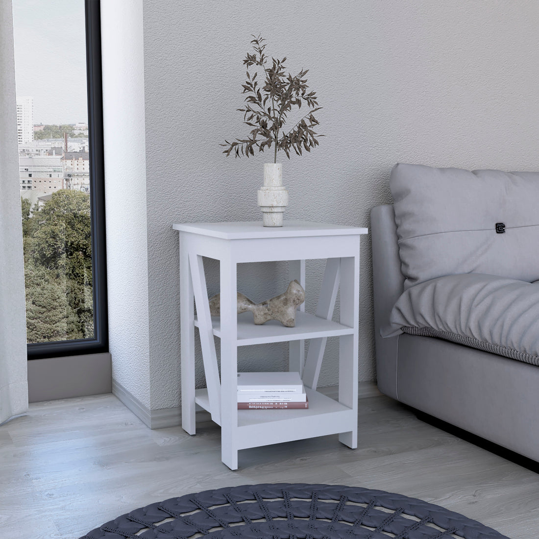 3 Tier End Table Nightstand, Side Table For Small Space, White White Solid Wood Mdf Engineered Wood