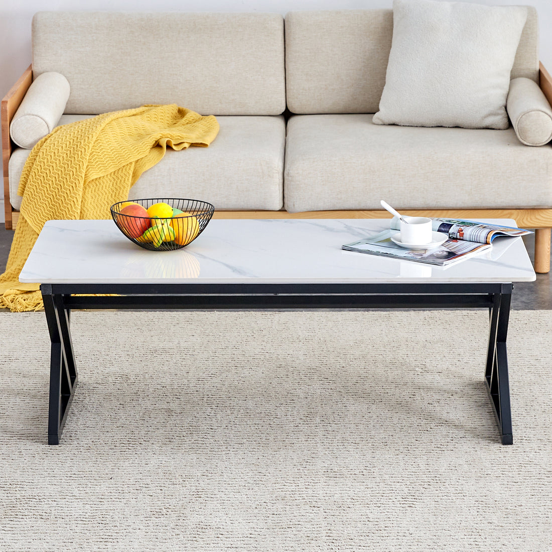 A Modern Minimalist Style White Marble Patterned Coffee Table With Black Metal Legs. Computer Desk. Game Table. Tea Table. Ct Xx White Black Sintered Stone