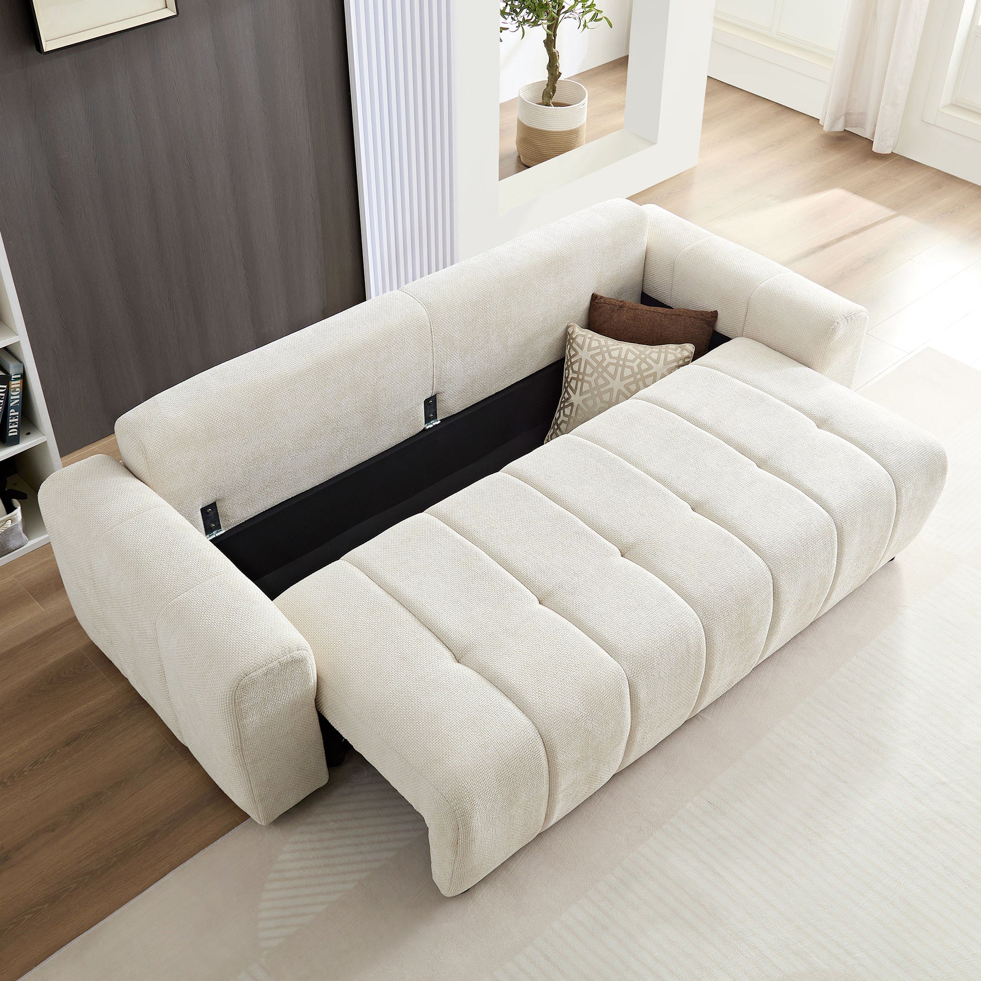 94.49''Sleeper Sofa, Sofa Bed 2 In 1 Pull Out Couch Bed With Storage Chaise For Living Room, Sofa Sleeper With Pull Out Bed, Cream Style Couch Beige Fabric 3 Seat