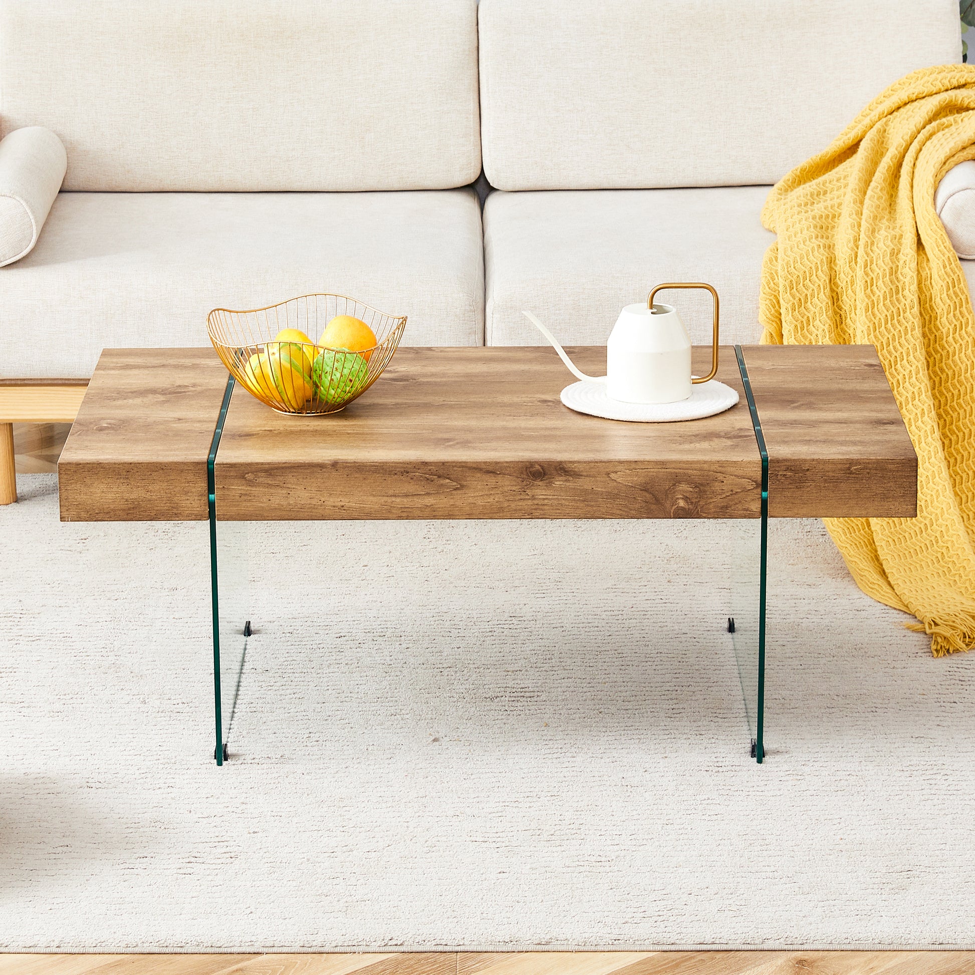 43.3"X23.6" Wood Colored Texture Sticker Mdf Coffee Table With Tempered Glass Legs.Suitable For Living Room.It Can Be Used Not Only As A Coffee Table But Also As A Side Table Or Display Stand. Wood