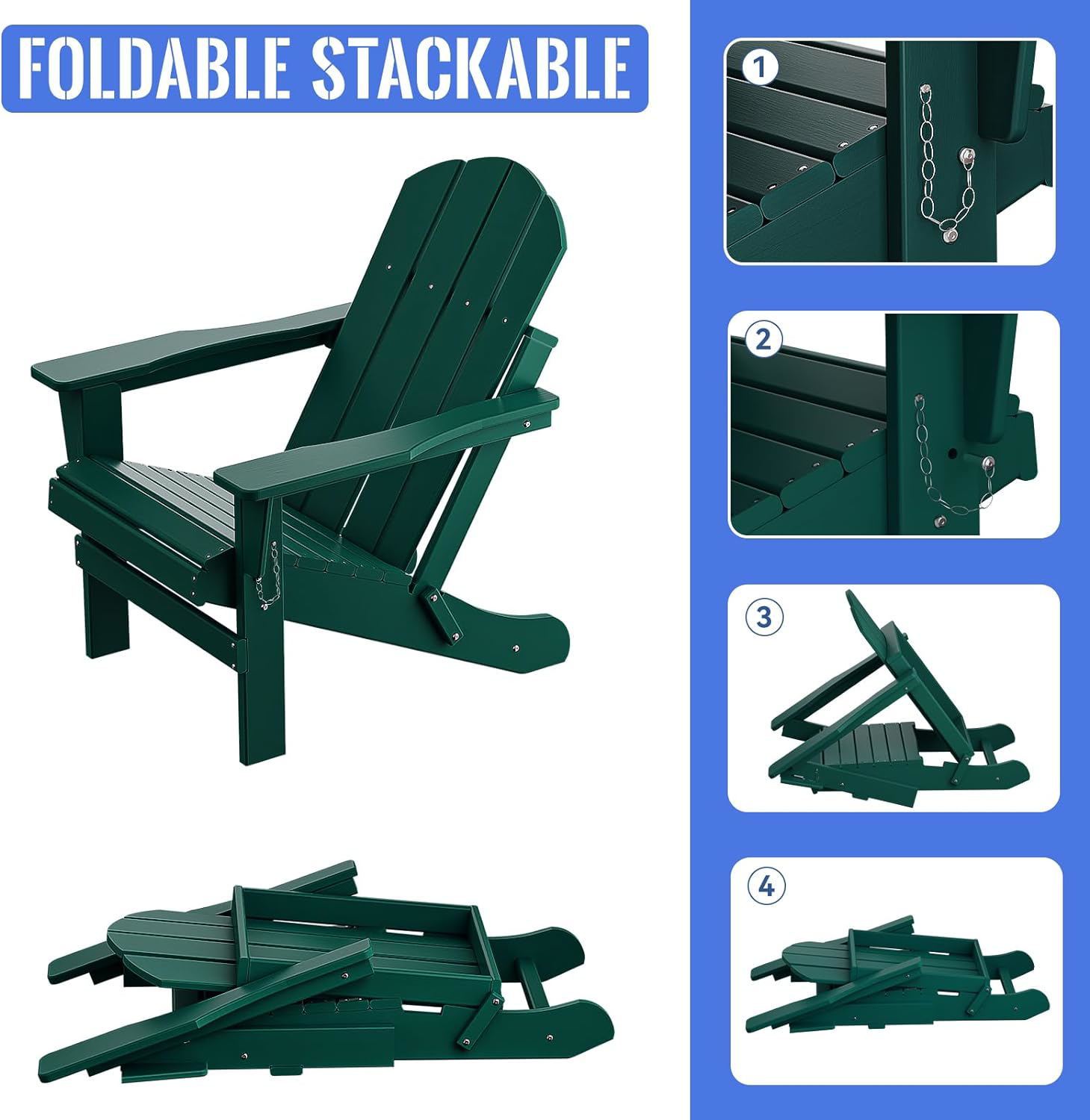 Folding Adirondack Chair, Relaxing Stackable Arm Rest Ergonomic Hdpe All Weather Adirondack Chair No Adirondack Dark Green Uv Resistant Frame Garden & Outdoor American Design,American Traditional Complete Patio Sets Hdpe