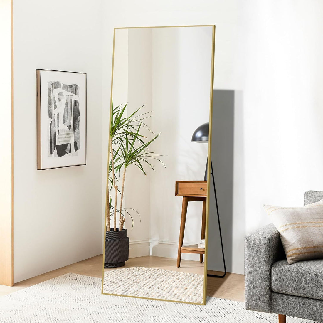 Olonm 64X21 Inch Full Length Mirror, Aluminum Alloy Frame Floor Mirror, Large Mirror Free Standing Hanging Or Leaning, Full Body Mirror For Living Room, Bedroom, Cloakroom, Hallway, Gold Golden Mirror