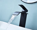 Waterfall Spout Bathroom Sink Single Handle Faucet With Pop Up Drain No Overflow Matte Black Stainless Steel