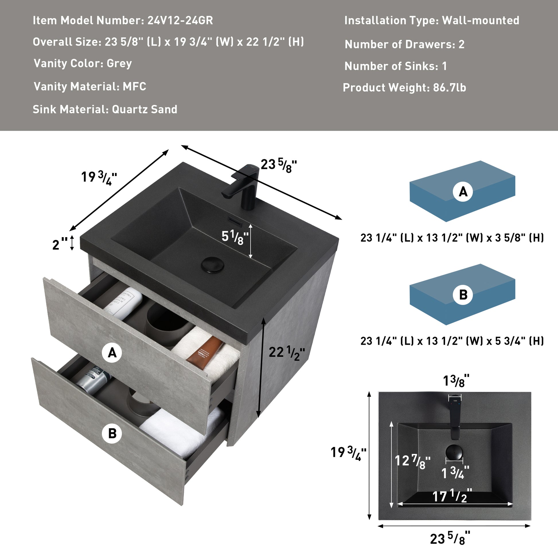 24" Floating Bathroom Vanity With Sink, Modern Wall Mounted Bathroom Storage Vanity Cabinet With Black Quartz Sand Top Basin And Soft Close Drawers, 24V12 24Gr Grey Grey Bathroom Melamine