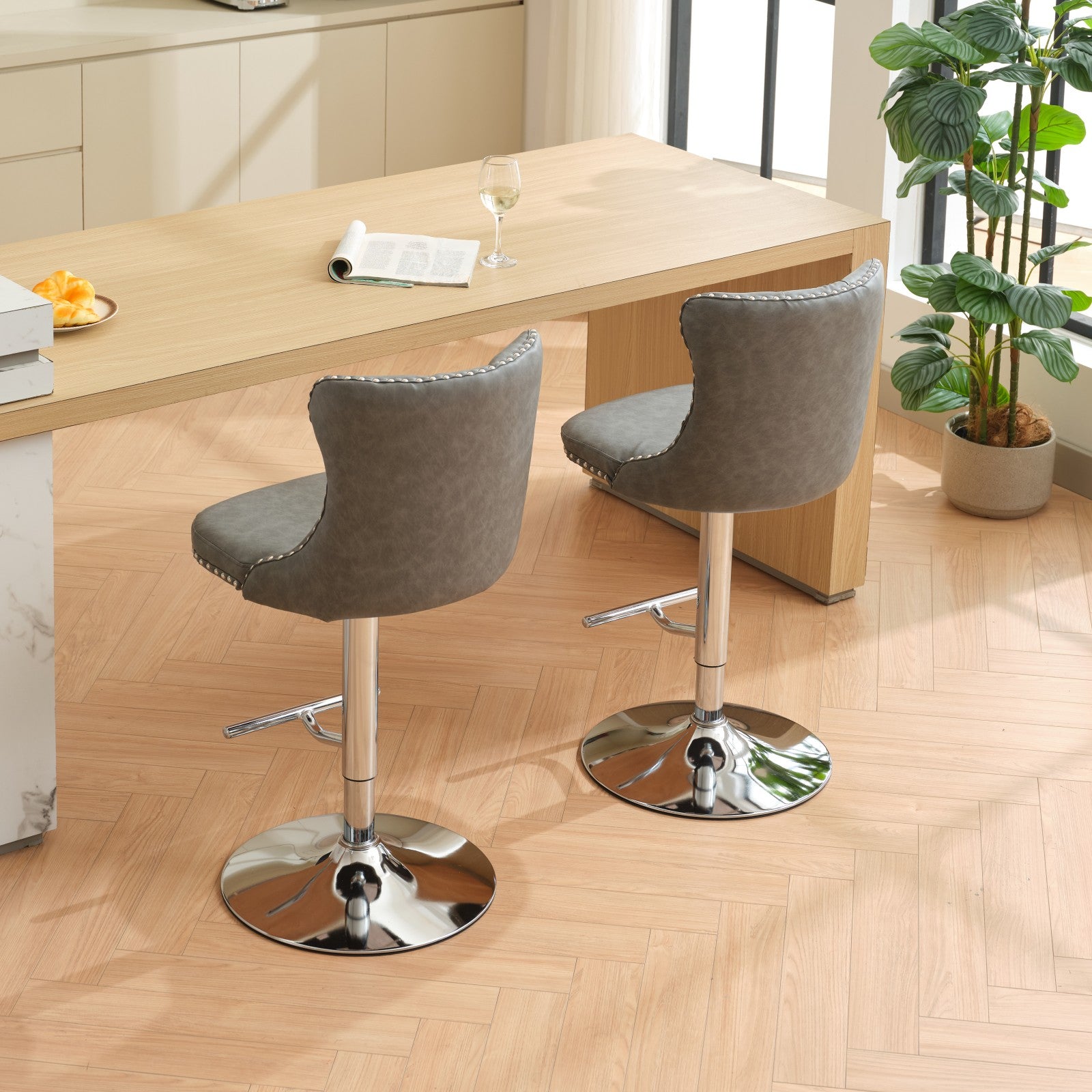 Swivel Pu Leather Barstools Adjusatble Seat Height From 25 33 Inch, Chrome Base Bar Stools With Backs Comfortable Tufted For Home Pub And Kitchen Island, Beige,Set Of 2,1512Gy Grey Dining Room American Design Bar Stools Wing Back Set Of 2 Foam Pu Leather
