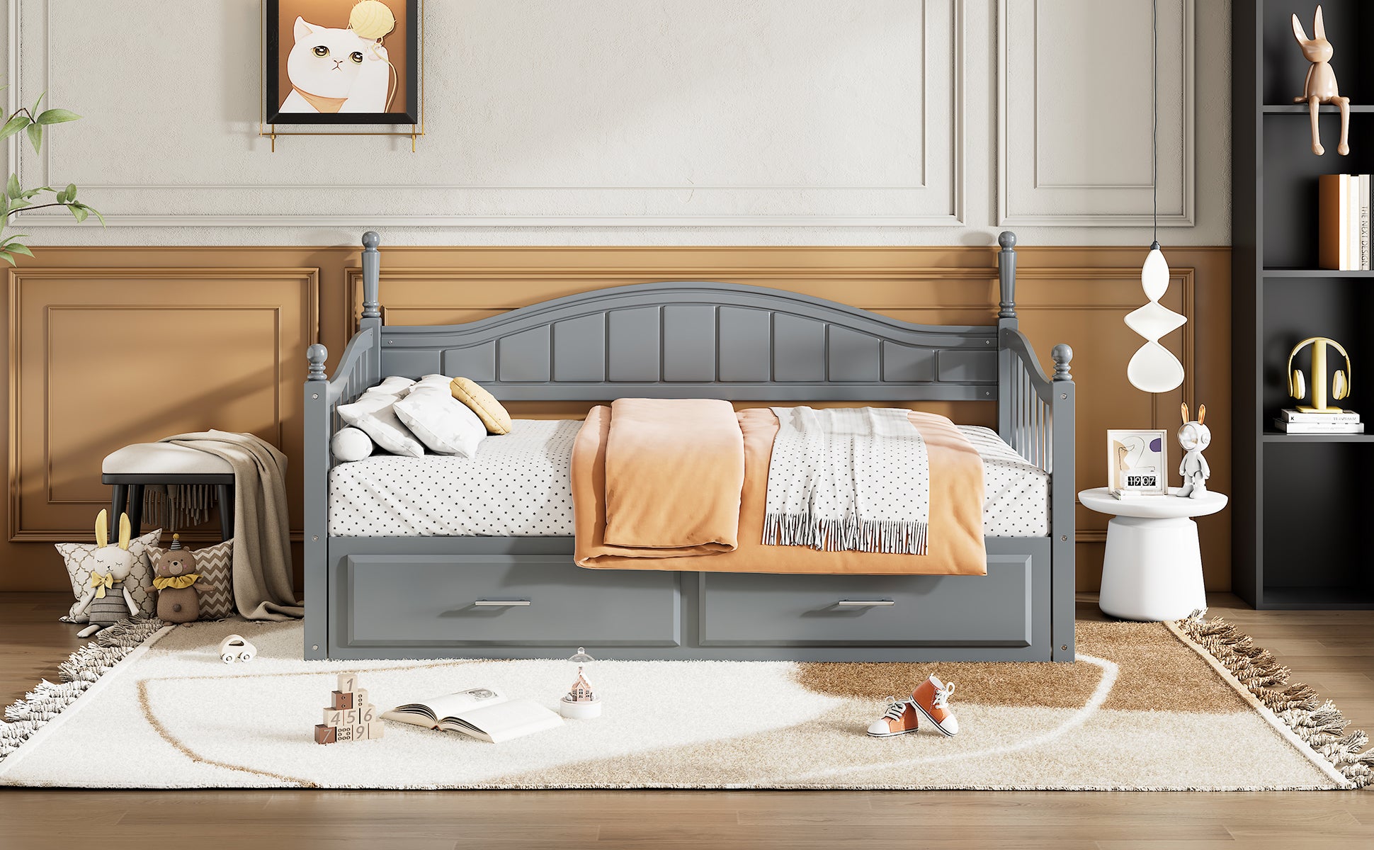Wooden Twin Size Daybed With Twin Size Trundle, Extendable Daybed With Two Storage Drawers,Gray Expected Arrival Time:9.12 Twin Gray Wood