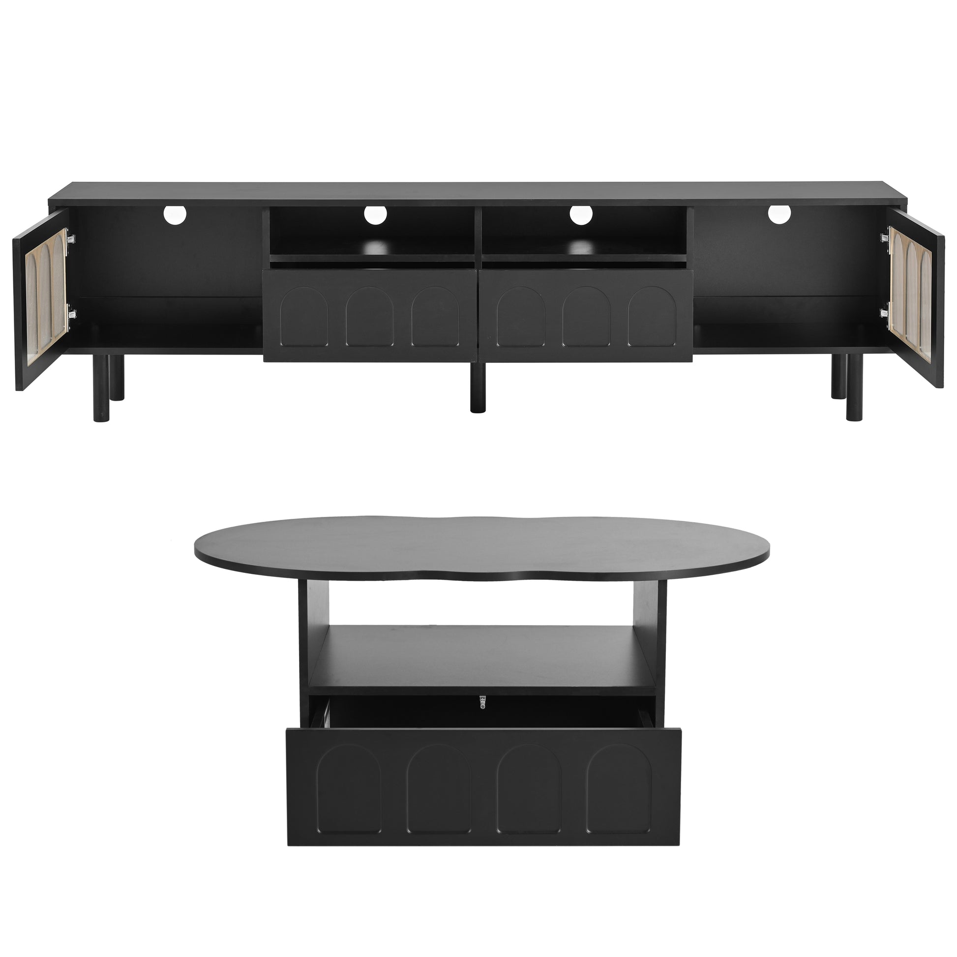 Cream Style Tv Stand And Coffee Table Set Of 2, Led Light Strip Tv Stand For Tvs Up To 80'', Cloud Top Coffee Table With 2 Brake Wheels For Living Room, Black Black 80 89 Inches Particle Board