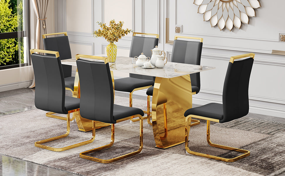 Table And Chair Set, Rock Plate Table Top, Gold Metal Table Legs, Stable And Beautiful, Suitable For Most Home Styles. Modern Simple Dining Table, Comfortable Seating. Grey Gold Seats 6 Sintered Stone