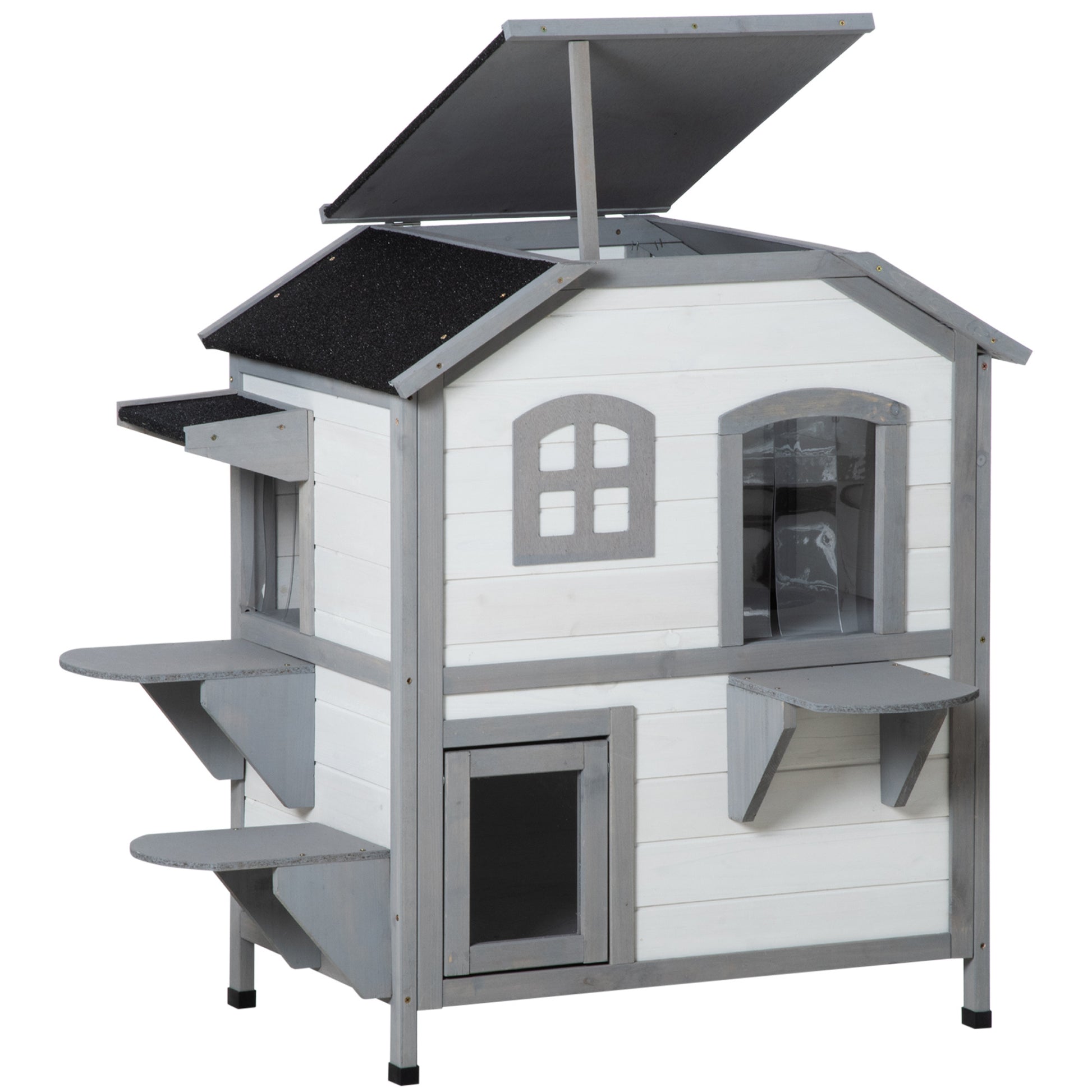 Pawhut 2 Story Cat House Outdoor, Weatherproof Wooden Cat Enclosure For Feral Cats With Escape Door, Openable Roof, Jumping Platforms, White White Wood