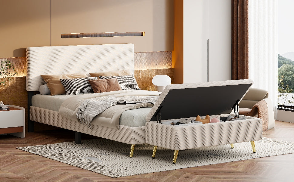 2 Pieces Bedroom Sets Queen Size Upholstered Bed Frame, Modern Corduroy Storage Ottoman,Beige Queen Beige 2 Piece Set Solid Wood Mdf