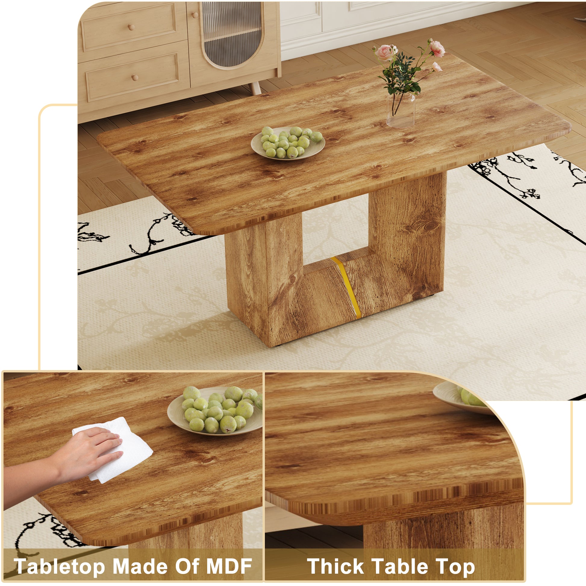 This Modern Dining Table, With Mdf Wood Color Pattern Design, Gives You A Luxurious And Elegant Feeling, Whether It Is A Family Dinner Or Entertaining Guests, You Can Add A Touch Of Elegance. Wood Mdf