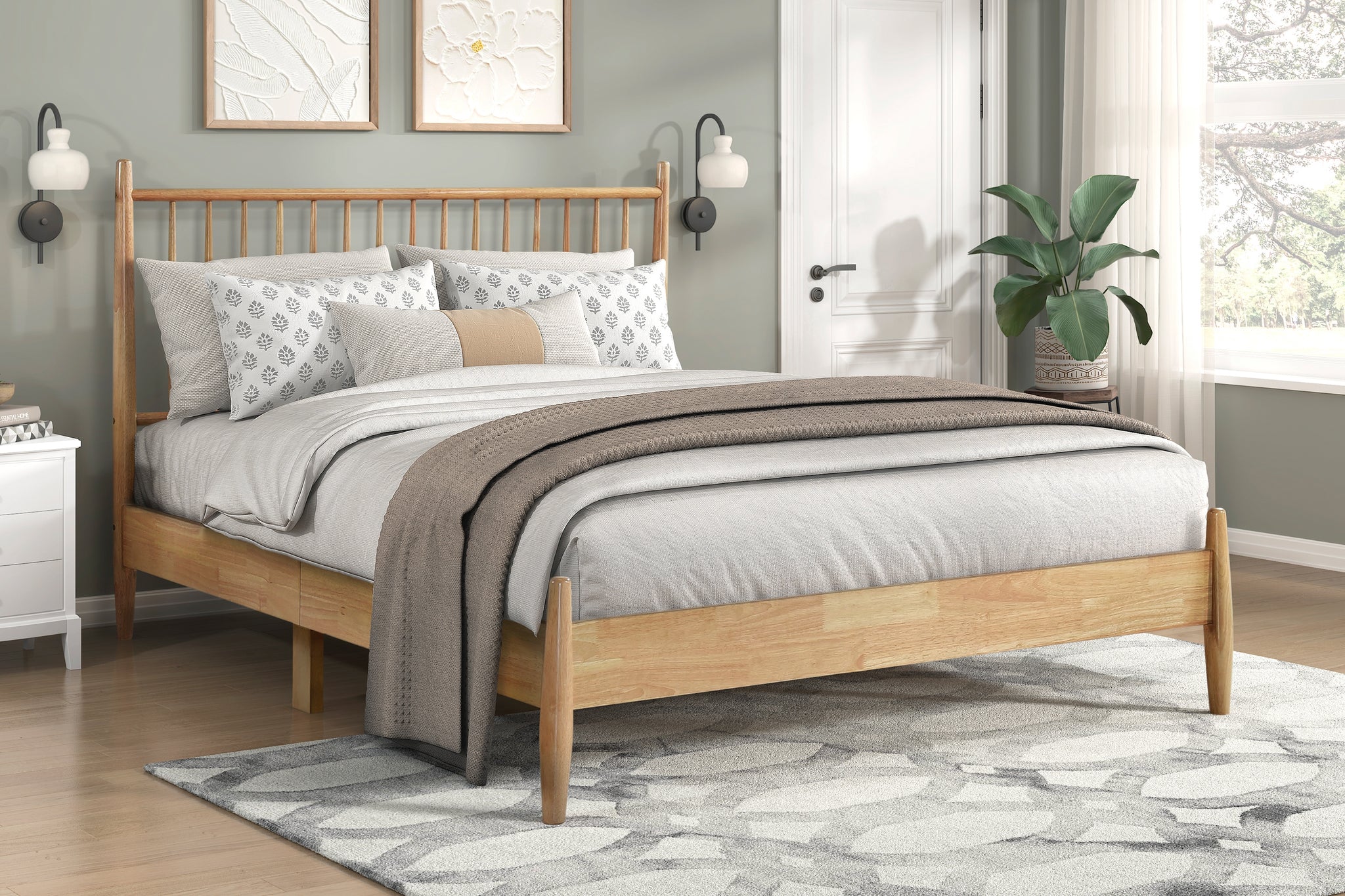 Mid Century Modern Design Full Platform Bed 1Pc Natural Finish Wooden, image size:2048x1365