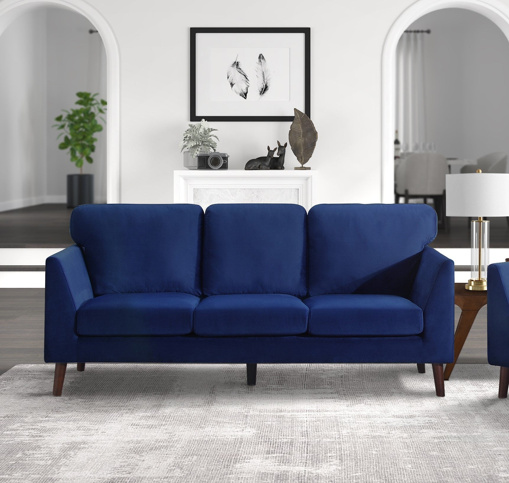 Modern Contemporary Living Room 1Pc Sofa Blue Velvet Upholstery Dark Brown Legs Solid Wood Furniture Blue Velvet Wood Primary Living Space Modern Solid Wood 3 Seat