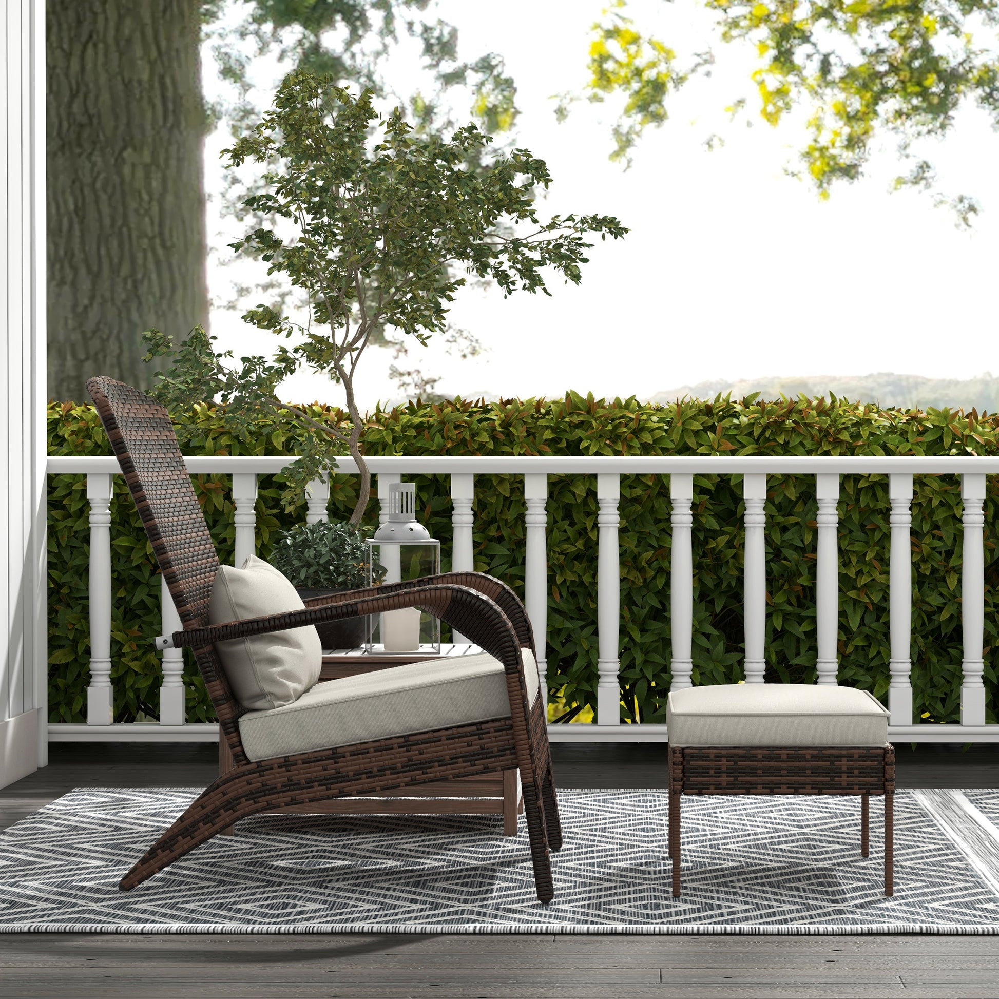 Outsunny Patio Wicker Adirondack Chair With Ottoman, Outdoor Fire Pit Chair With Cushions, High Back, Large Seat & Armrests For Deck, Garden & Backyard, Cream White White Steel