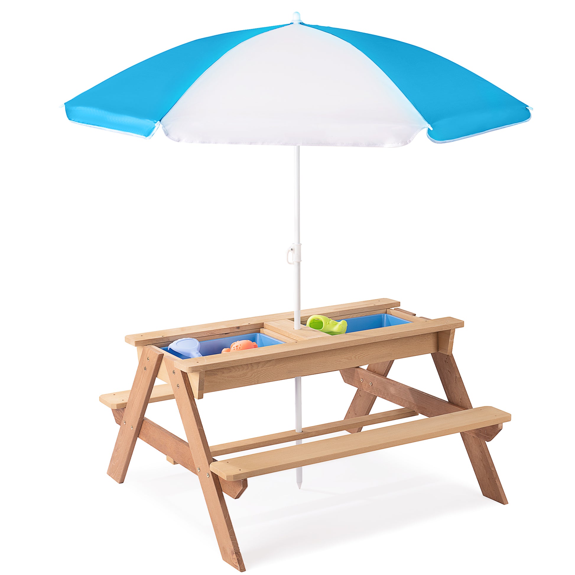 3 In 1 Kids Outdoor Wooden Picnic Table With Umbrella, Convertible Sand & Wate, Gray Astm & Cpsia Certification No Natural Wood Solid Wood