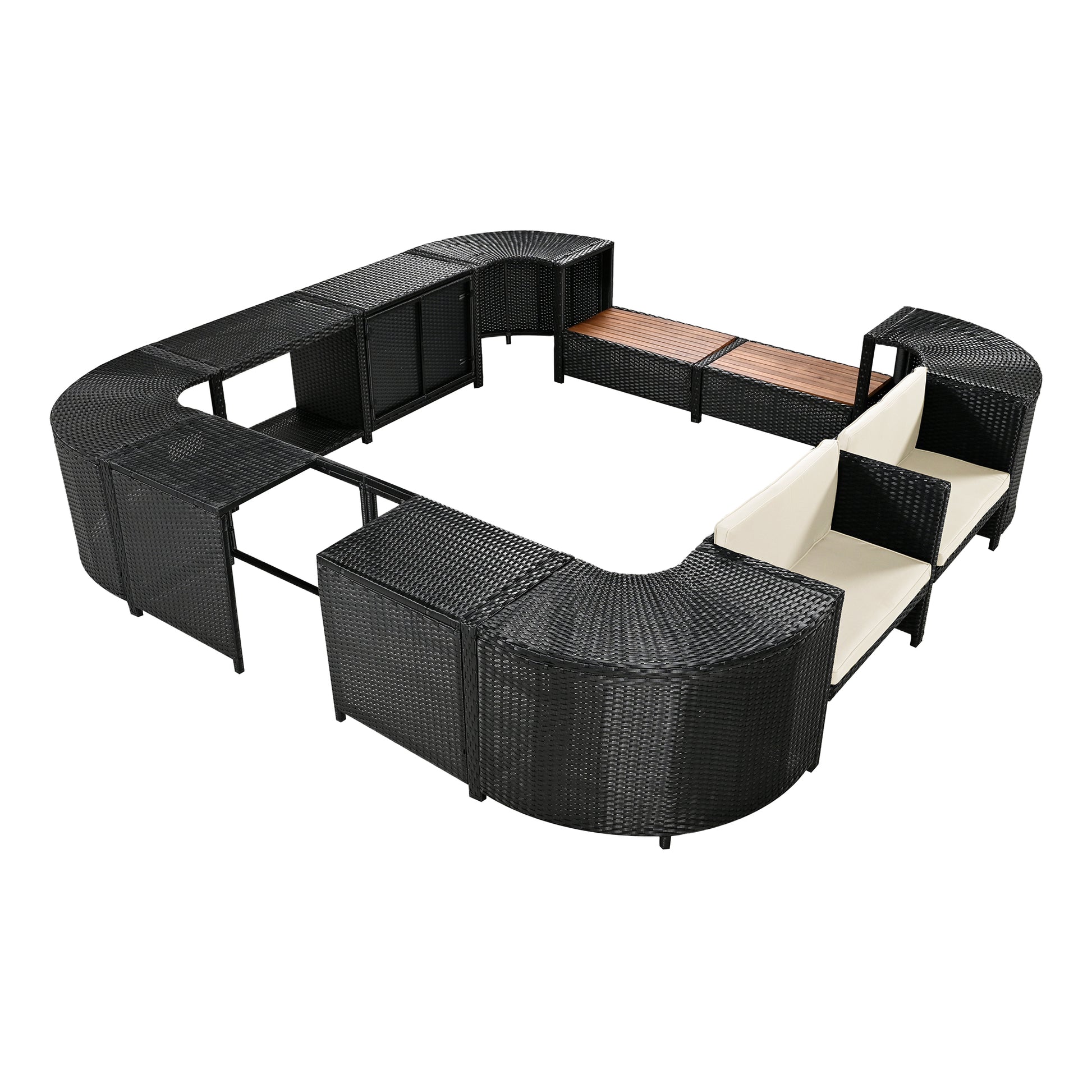 Spa Surround Spa Frame Quadrilateral Outdoor Rattan Sectional Sofa Set With Mini Sofa,Wooden Seats And Storage Spaces, Beige Yes Beige Water Resistant Frame Water Resistant Cushion Garden & Outdoor Sectional Seating Groups Foam Rattan Waterproof Fabric