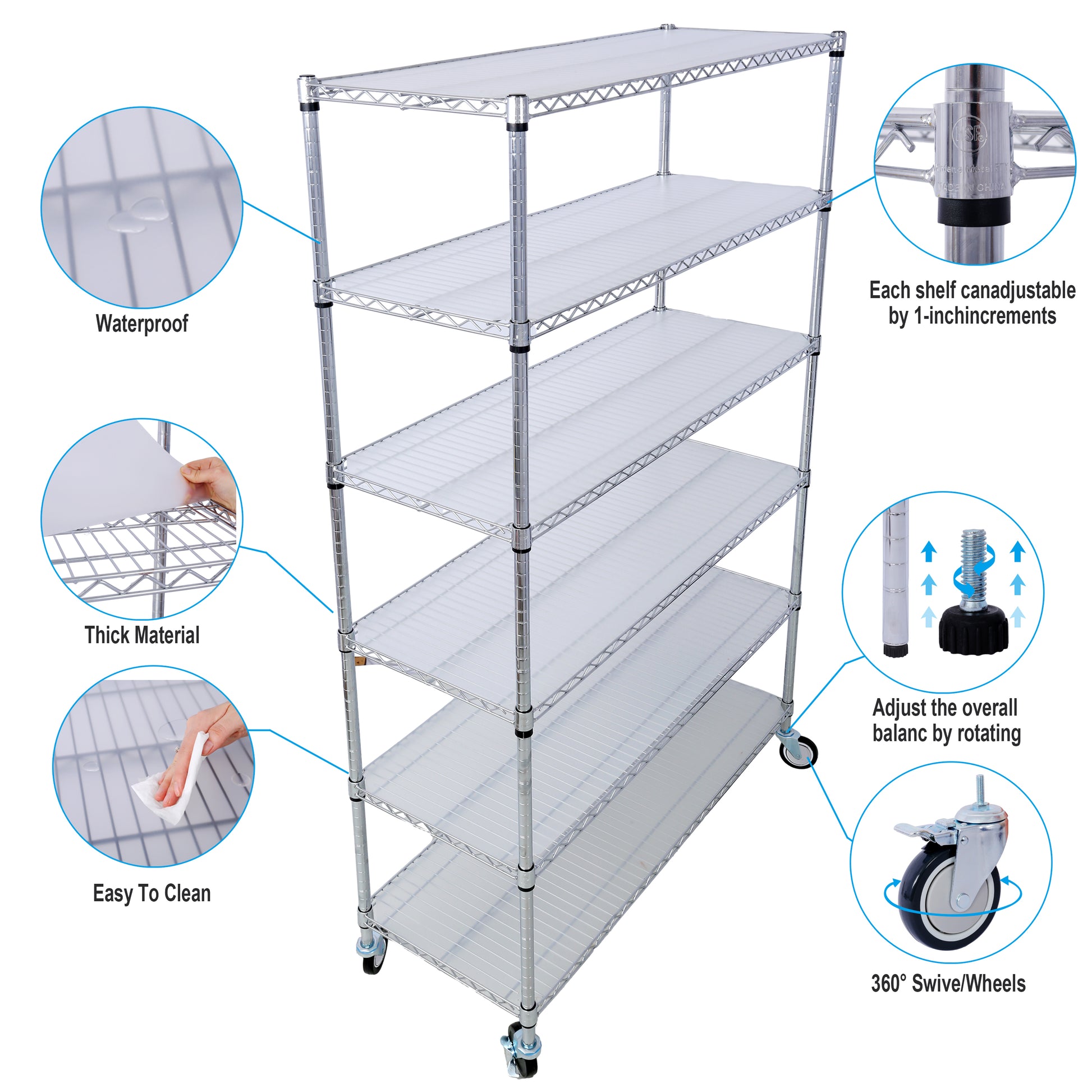 6 Tier 6000Lbs Capacity Nsf Metal Shelf Wire Shelving Unit, Heavy Duty Adjustable Storage Rack With Wheels & Shelf Liners For Commercial Grade Utility Steel Storage Rack, Chrome 84"H X 48"L X 20"D Chrome Metal