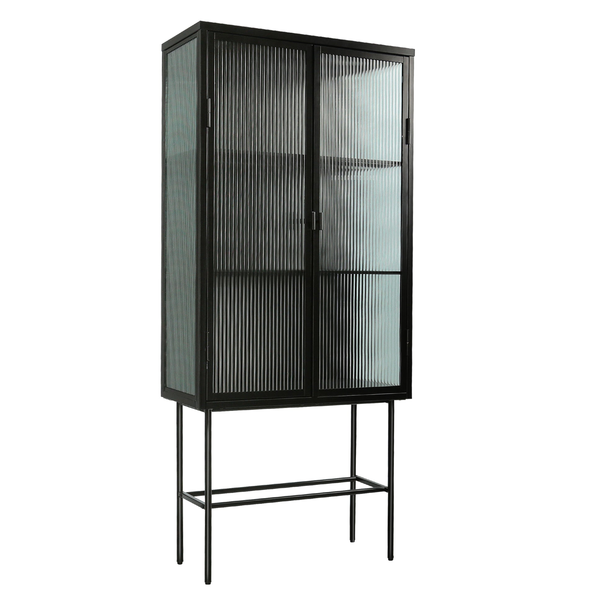 Retro Style Fluted Glass High Cabinet Storage Dual Doors Three Detachable Wide Shelves Enclosed Dust Free Storage For Living Room Bathroom Dining Room Kitchen Room Entryway,Black Old Sku:W68743734 Black Wood