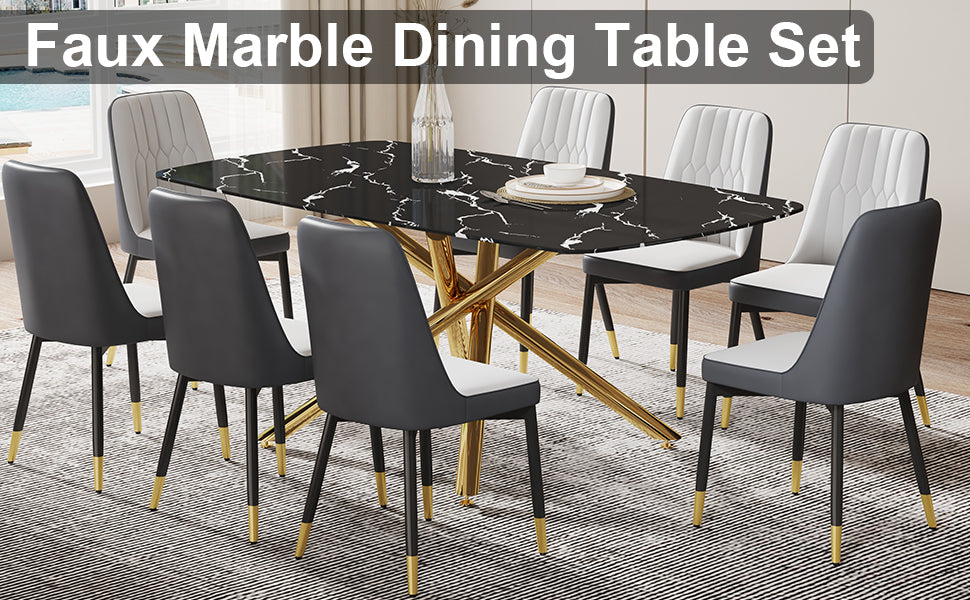 Large Modern Minimalist Rectangular Dining Table With 0.39 "Imitation Marble Black Tabletop And Golden Metal Legs, Paired With Chairs With Pu Cushions And Black Metal Legs. F 1537 C 007 Black Gold Glass Metal