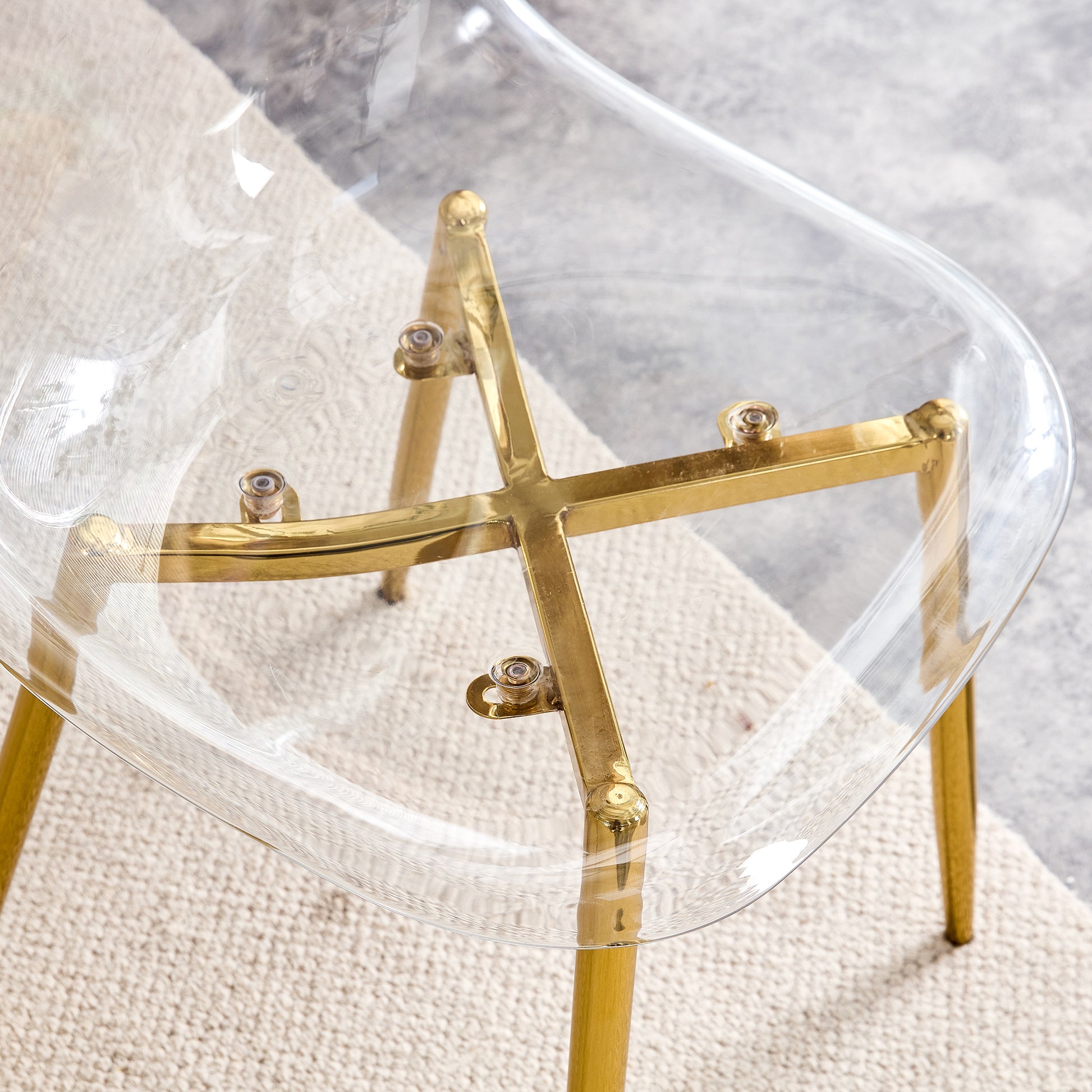 Table And Chair Set.Modern Rectangular Glass Dining Table With Tempered Glass Countertop And Golden Metal Legs, Paired With Multiple Transparent High Quality Pet Dining Chairs With Golden Legs. Gold Seats 6 Tempered Glass