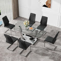 Table And Chair Set.Contemporary, Minimalist Rectangular Dining Table Featuring A Clear Tempered Glass Top And Sleek Silver Legs. Paried With Chairs Made Of Pu Material Cushion And Silver Metal Legs. Black Seats 6 Glass Metal