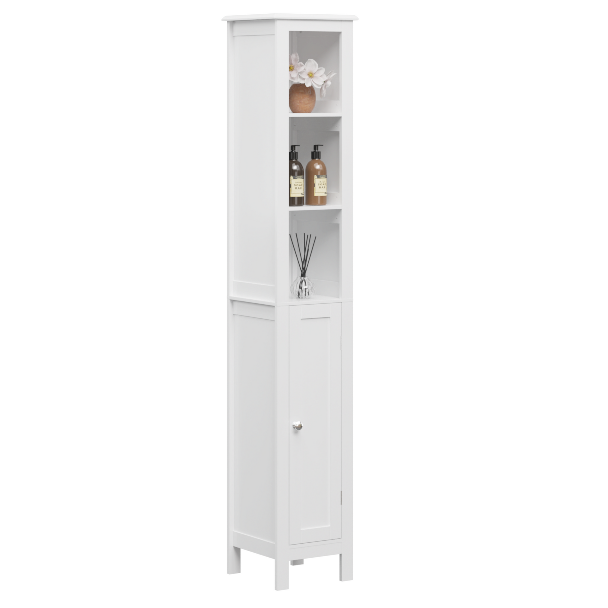 66.92" Tall Bathroom Storage Cabinet With Adjustable Shelves,1 Doors Freestanding Cabinet With Anti Tip, Open Compartments, For Home, Small Spaces, Bathroom,Kitchen, Living Room, White White 1 3 60 In & Above Mdf