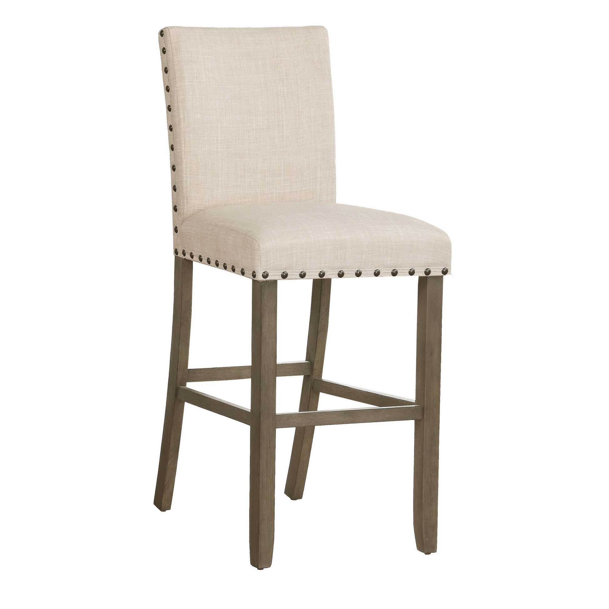 Lok 30 Inch Wood Barstool, Set Of 2, Trim, Padded Seating, Beige Beige Brown Solid Wood