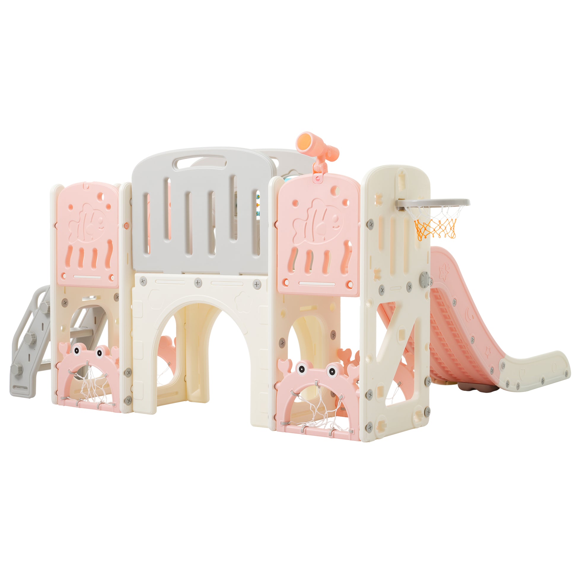 11 In 1 Toddler Slide, Kids Slide For Toddler Age 1 3 With Basketball Hoop, Kids Slide Playset Structure,Arch Tunnel And Telescope, Toy Storage Organizer For Toddlers, Kids Climbers Playground Pink Cute 1 To 2 Years Hdpe Indoor & Outdoor Use