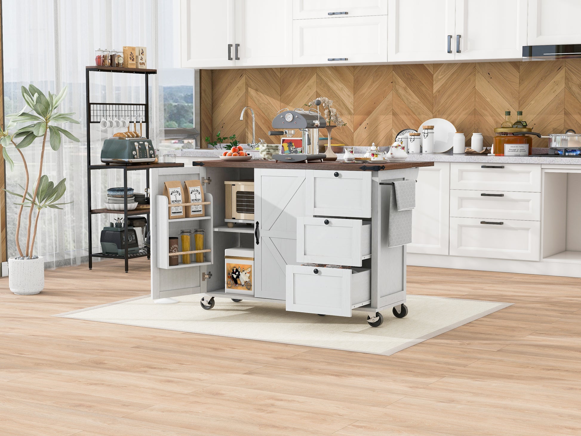 K&K 54.5" Farmhouse Kitchen Island With Power Outlet, Kitchen Storage Island With Internal Storage Rack, Drop Leaf, Spice Rack, Rolling Kitchen Cart On Wheels, For Home, Kitchen And Dining