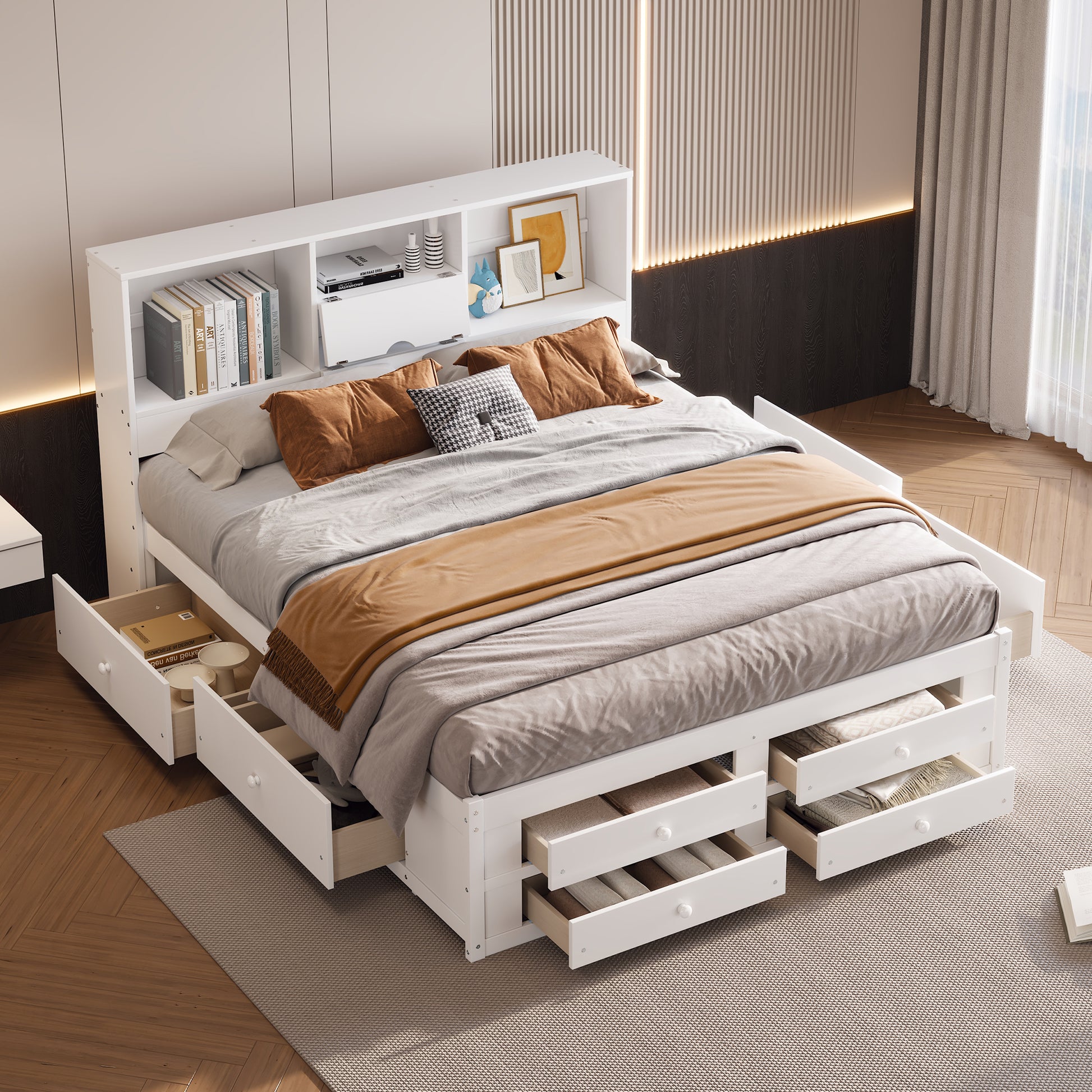 King Size Platform Bed With Storage Headboard And 8 Drawers, White Box Spring Not Required King White Wood Bedroom Bed Frame Solid Wood Mdf