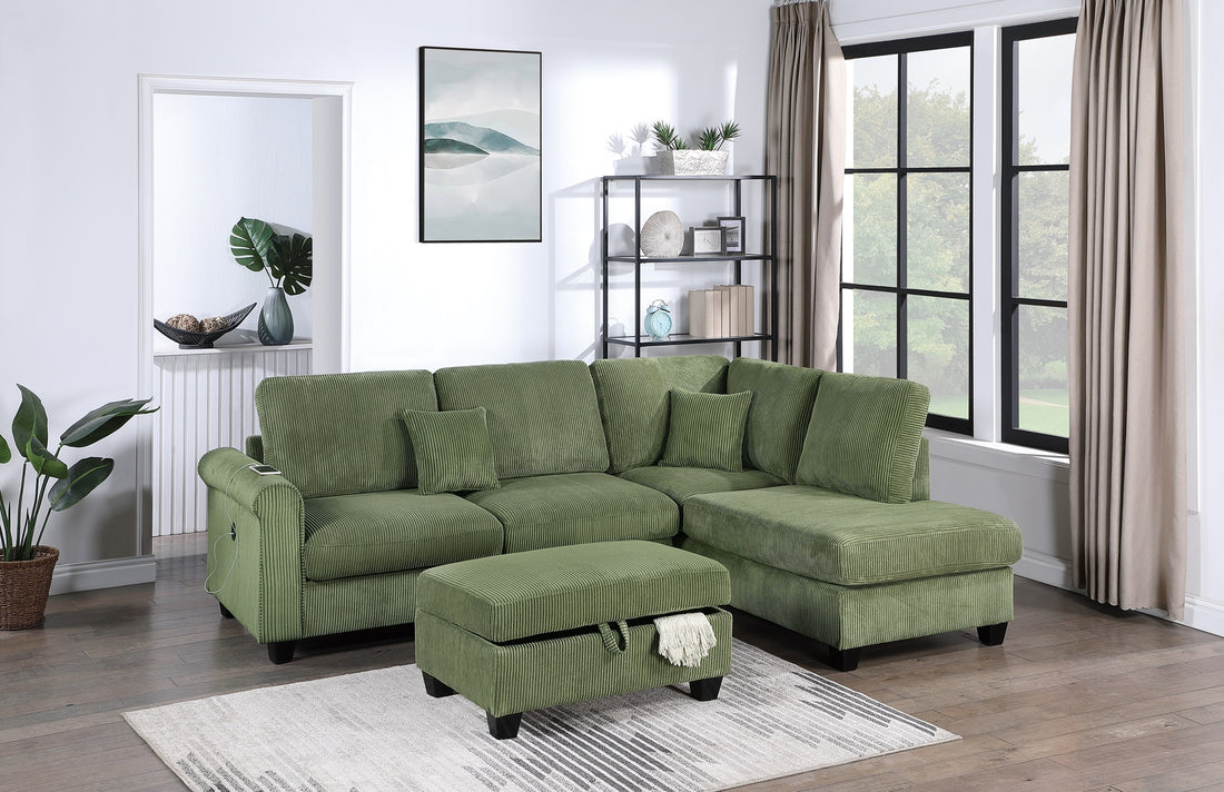 Gorgeous Sage Color 3Pc Sectional Set Corduroy Upholstered Laf Sofa Raf Chaise Ottoman L Sectional Living Room Furniture Sage Primary Living Space Cushion Back Contemporary,Modern L Shaped Rubberwood Rolled Arms Corduroy 6 Seat