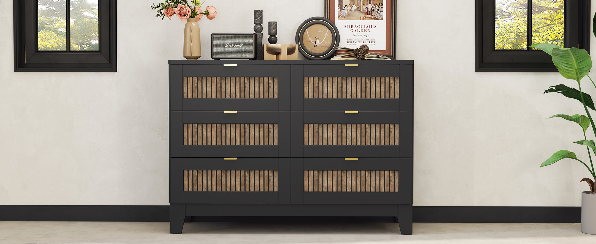 Rustic Farmhouse Style Wooden Dresser With 6 Drawers, Storage Cabinet For Bedroom With Metal Handles, Black Black Particle Board